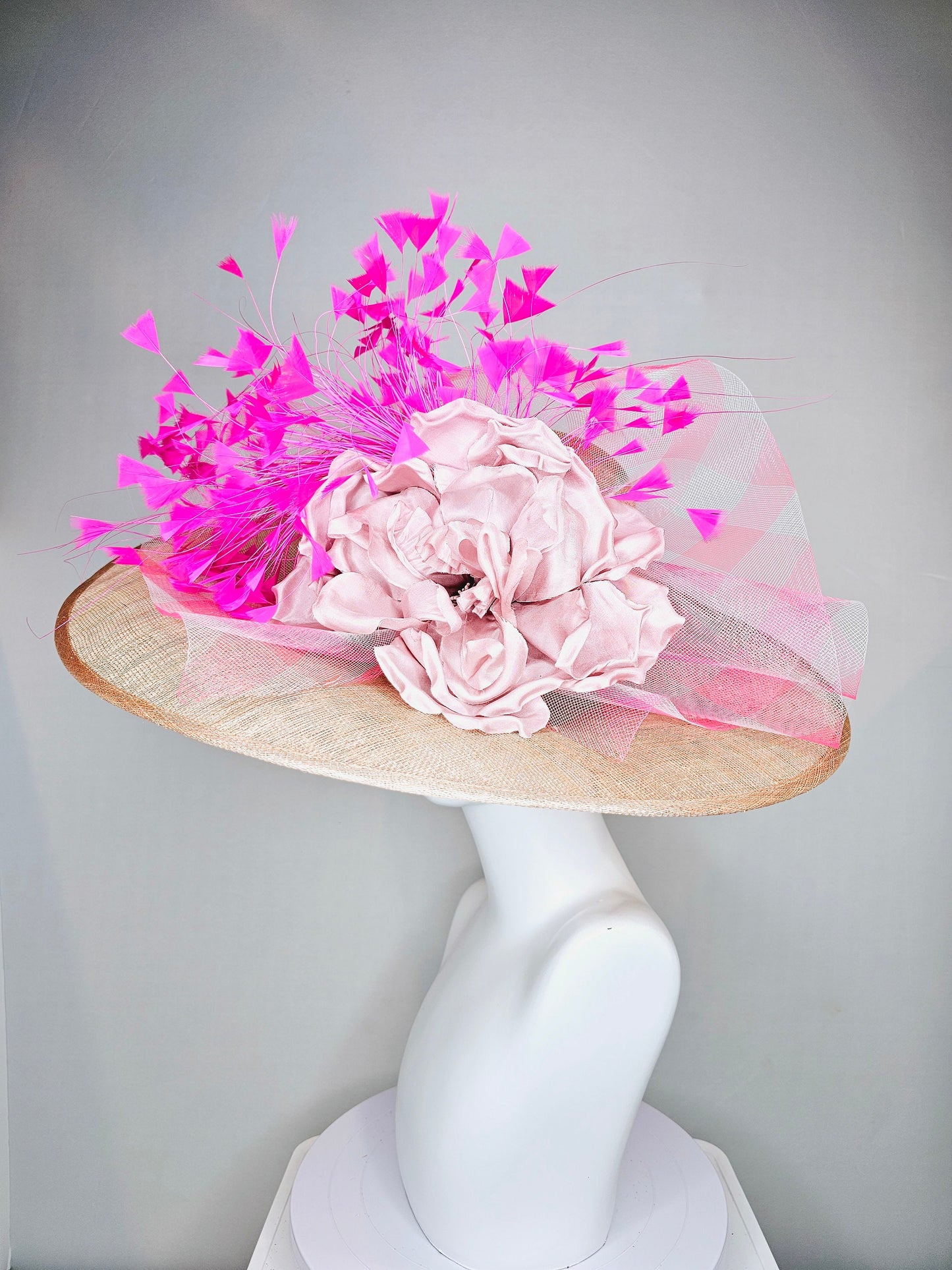 kentucky derby hat large wide brim sinamay neutral taupe beige hat with bright pink feathers, blush pink satin flower w pink plaid crinoline