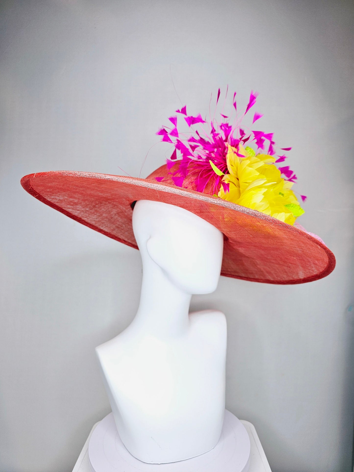 kentucky derby hat large wide brim sinamay coral hat w bright yellow feather flowers and fuchsia feathers with light pink crinoline