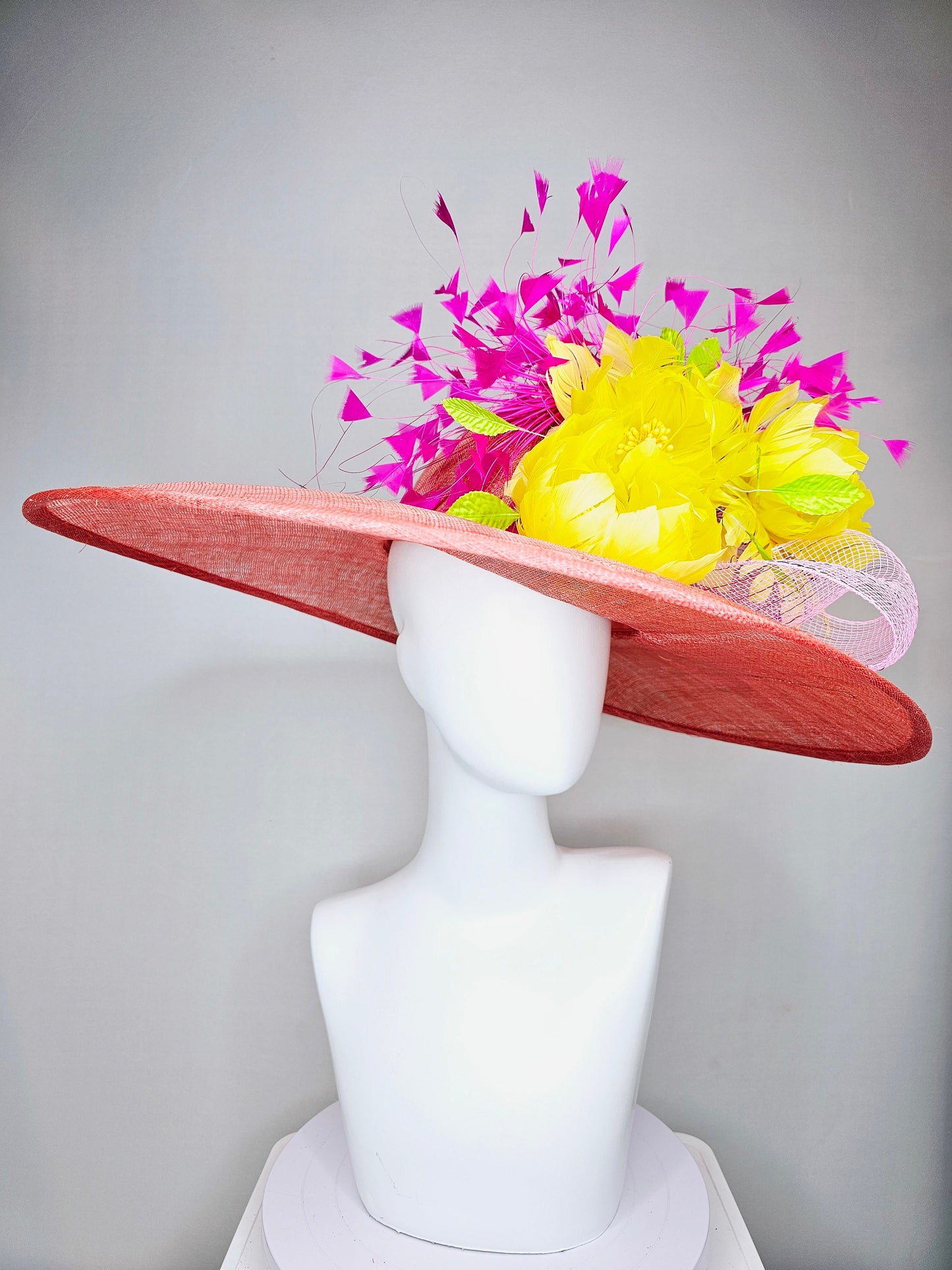 kentucky derby hat large wide brim sinamay coral hat w bright yellow feather flowers and fuchsia feathers with light pink crinoline