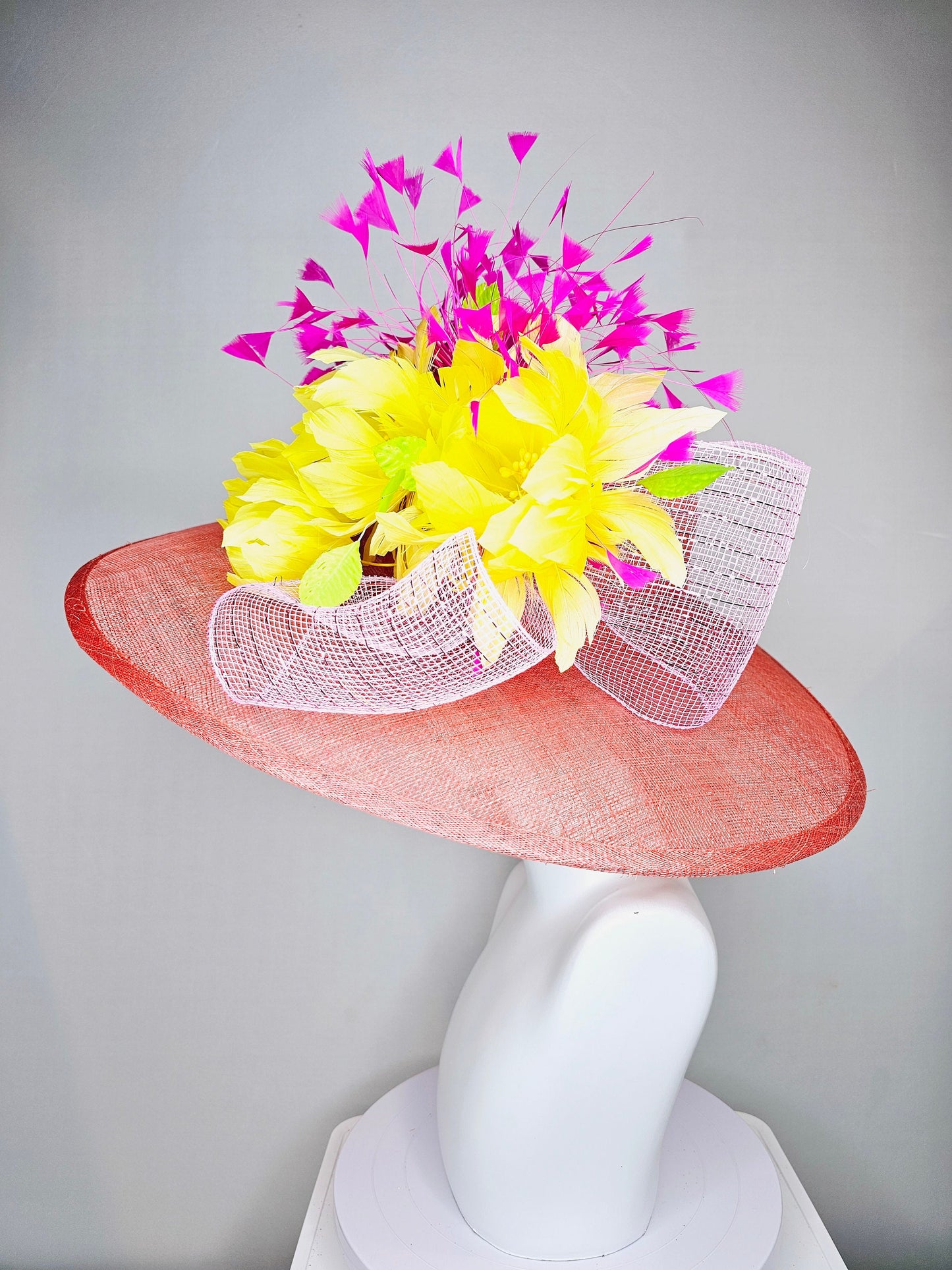 kentucky derby hat large wide brim sinamay coral hat w bright yellow feather flowers and fuchsia feathers with light pink crinoline