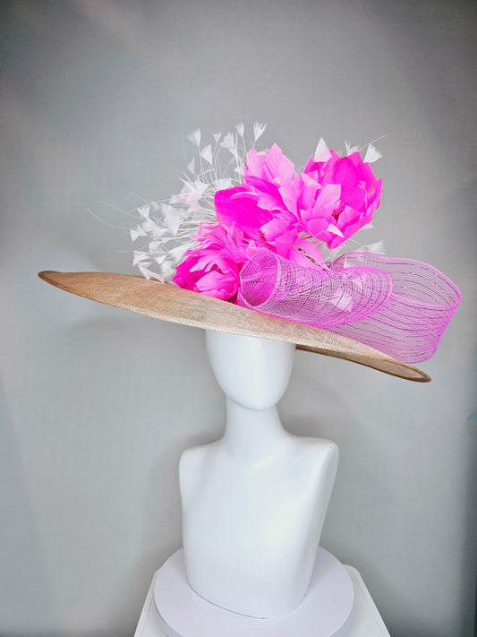 kentucky derby hat large wide brim sinamay neutral taupe beige hat with white feathers, fuchsia pink feather flowers w bright pink crinoline