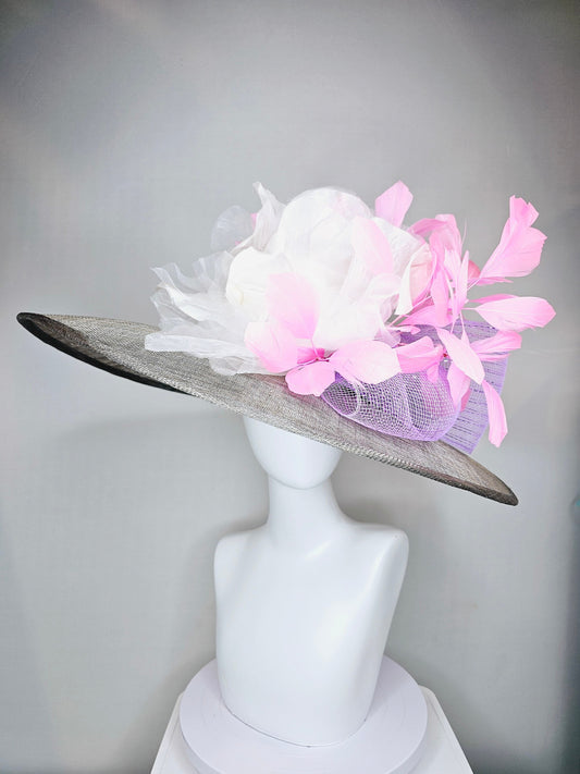 kentucky derby hat large wide brim sinamay gray hat with large white ivory organza flower and baby pink feathers with lavender crinoline