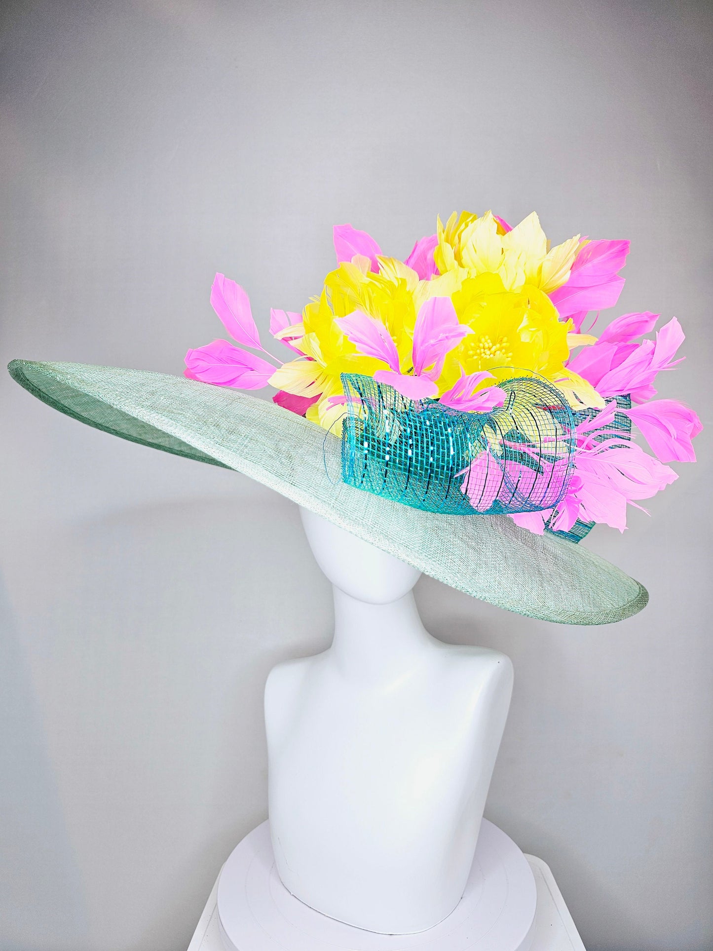 kentucky derby hat large wide brim sinamay teal blue green hat w bright yellow feather flowers and pink feathers with teal blue crinoline