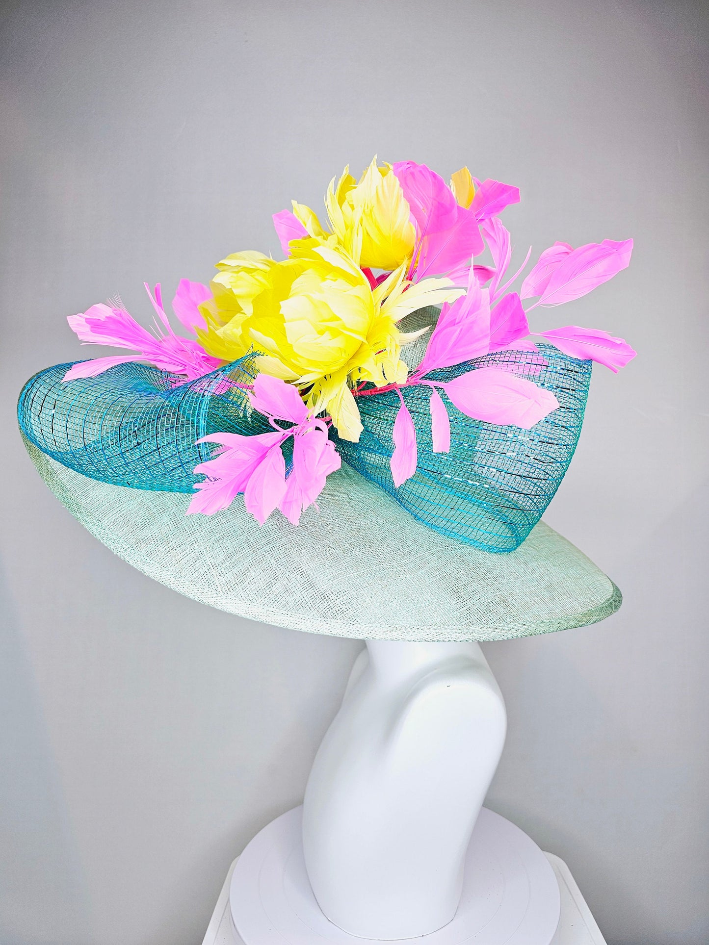 kentucky derby hat large wide brim sinamay teal blue green hat w bright yellow feather flowers and pink feathers with teal blue crinoline