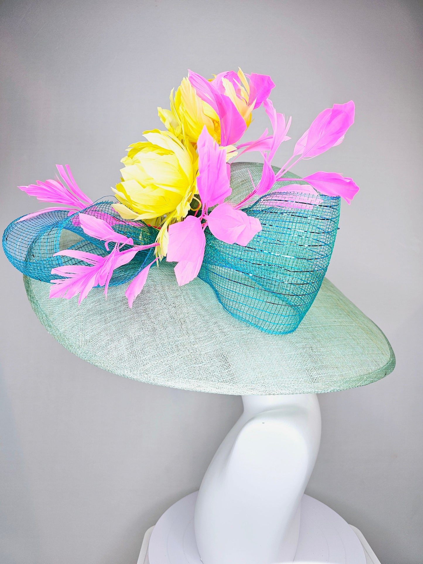 kentucky derby hat large wide brim sinamay teal blue green hat w bright yellow feather flowers and pink feathers with teal blue crinoline