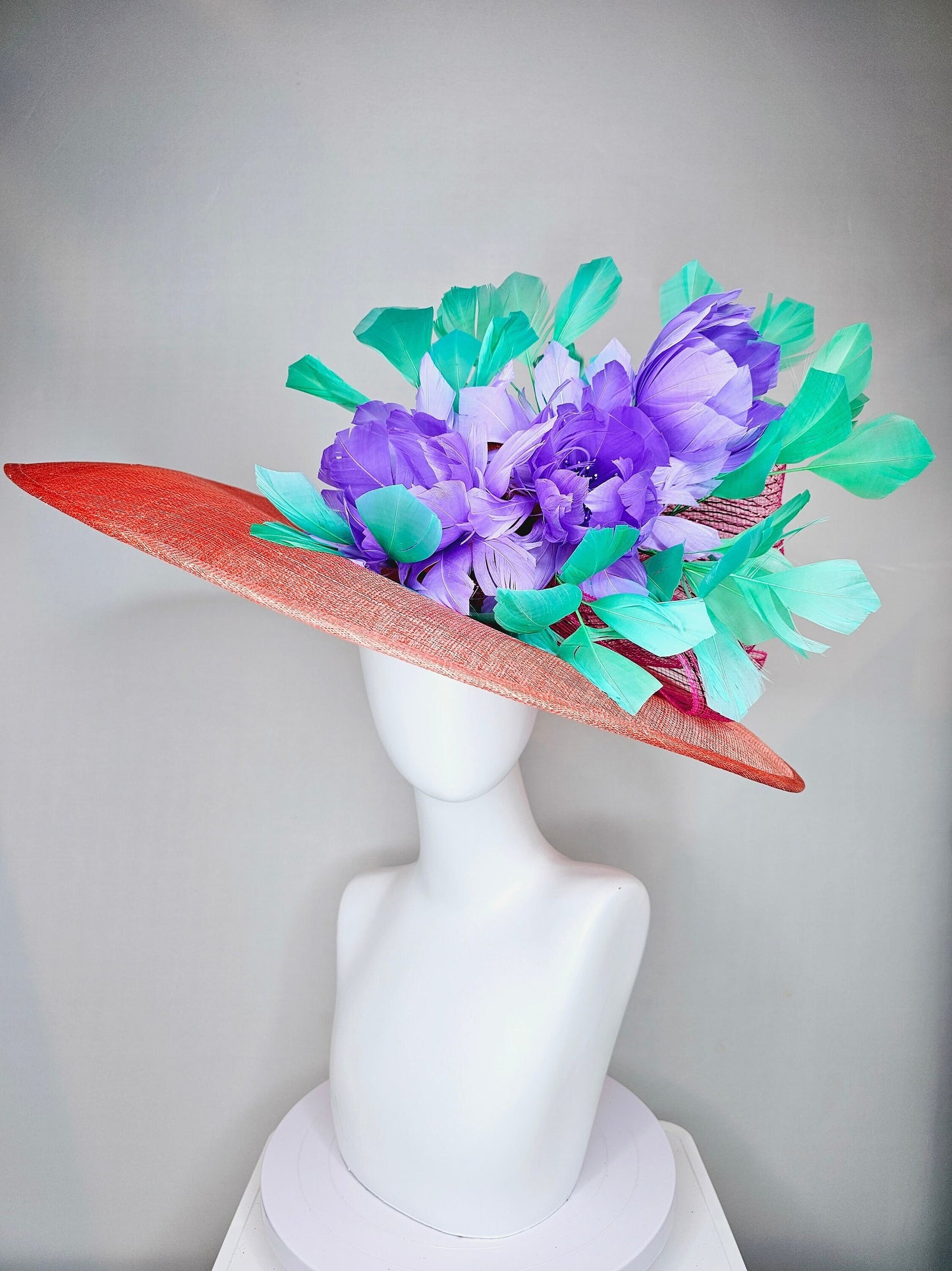 kentucky derby hat large wide brim sinamay orange coral hat with green feathers and purple fluffy feather flowers w pink crinoline