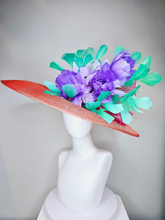 kentucky derby hat large wide brim sinamay orange coral hat with green feathers and purple fluffy feather flowers w pink crinoline