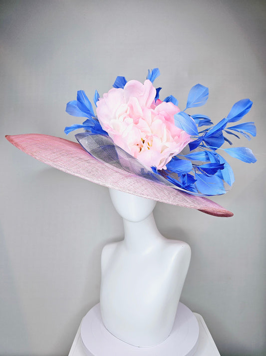 kentucky derby hat large wide brim sinamay blush pink hat with large blush light pink satin flower, blue feathers and blue gingham crinoline