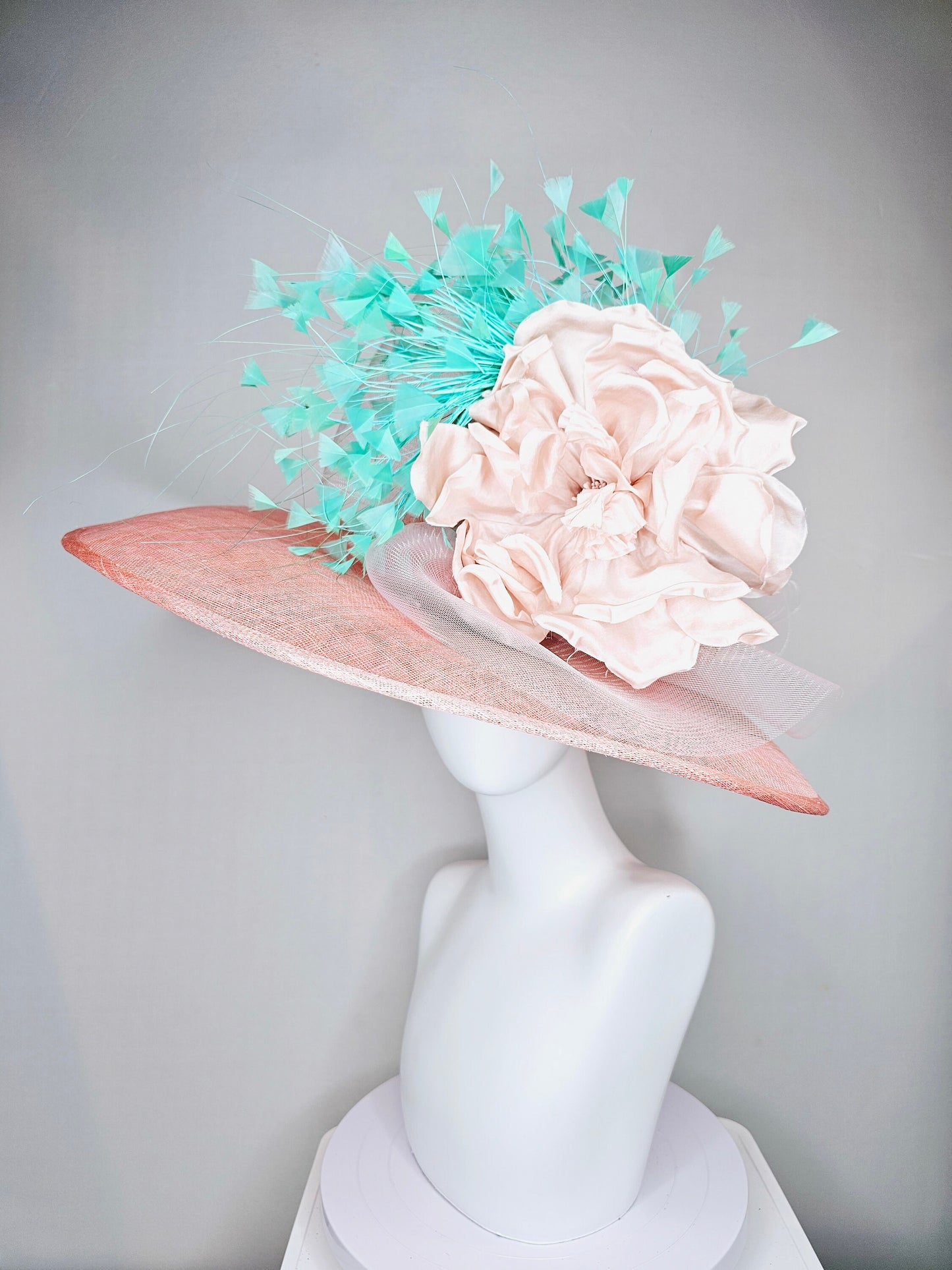 kentucky derby hat large wide brim sinamay blush pink hat with blush pink satin flower,green turquoise feathers and light pink crinoline