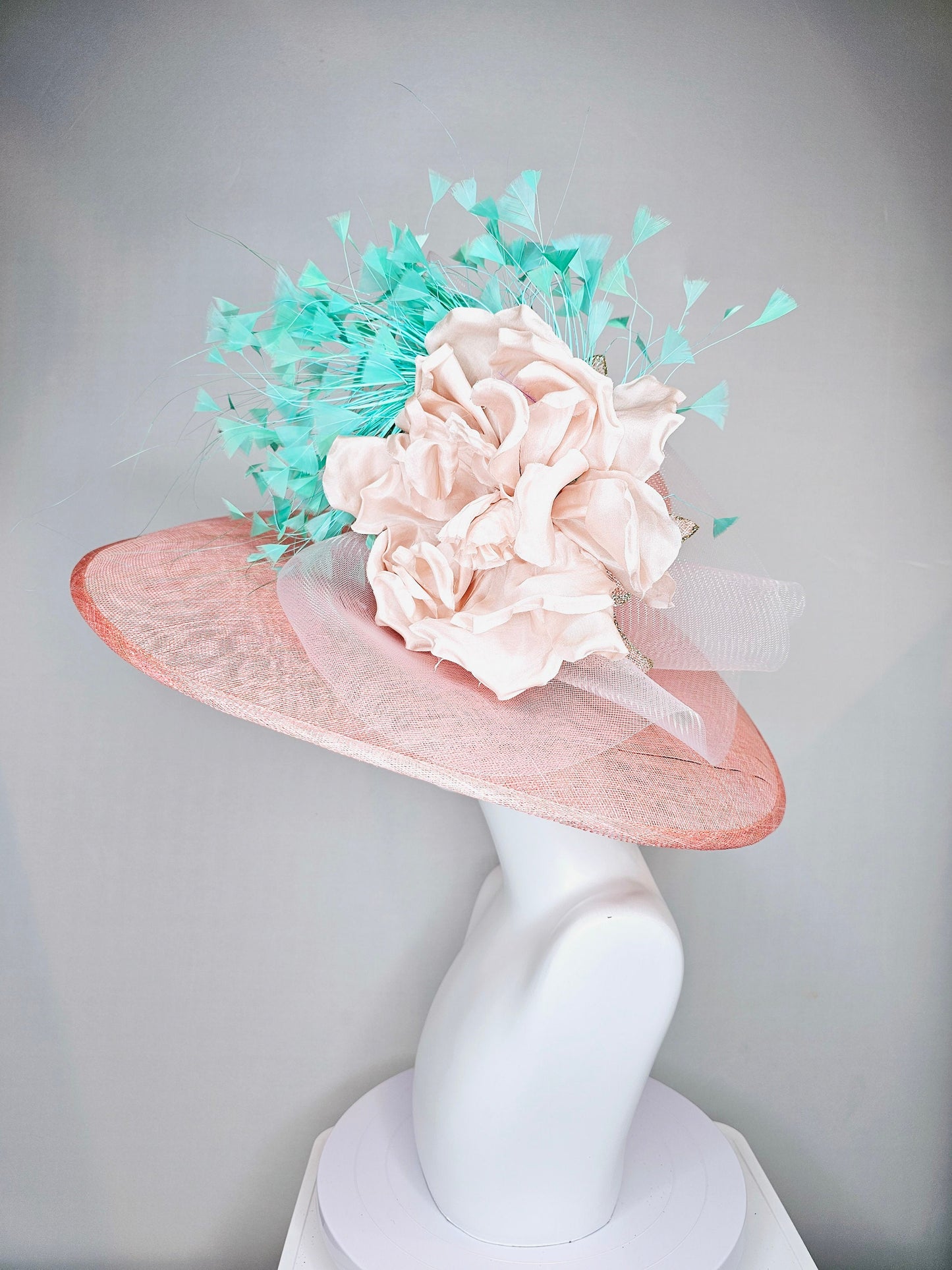 kentucky derby hat large wide brim sinamay blush pink hat with blush pink satin flower,green turquoise feathers and light pink crinoline