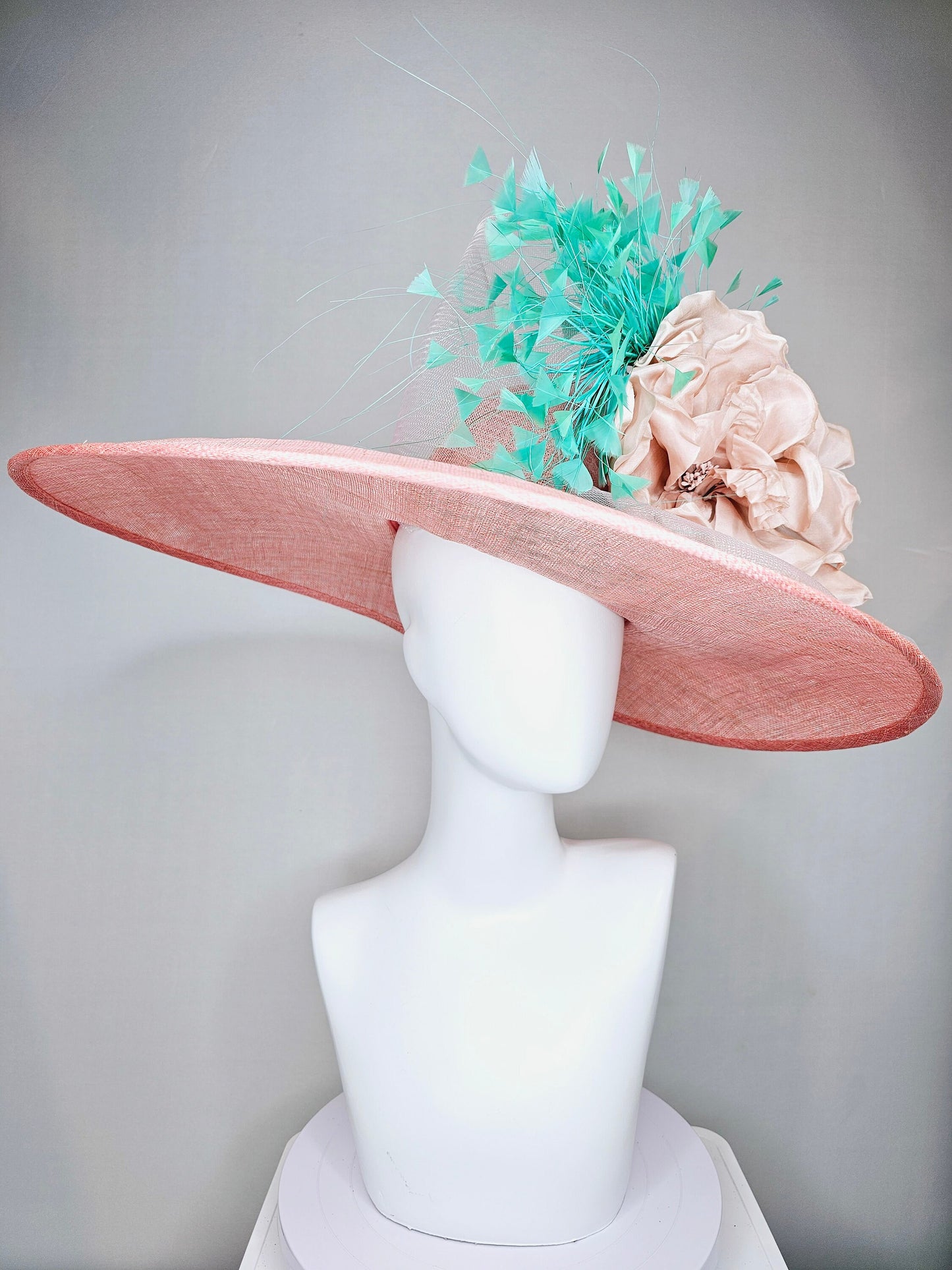 kentucky derby hat large wide brim sinamay blush pink hat with blush pink satin flower,green turquoise feathers and light pink crinoline