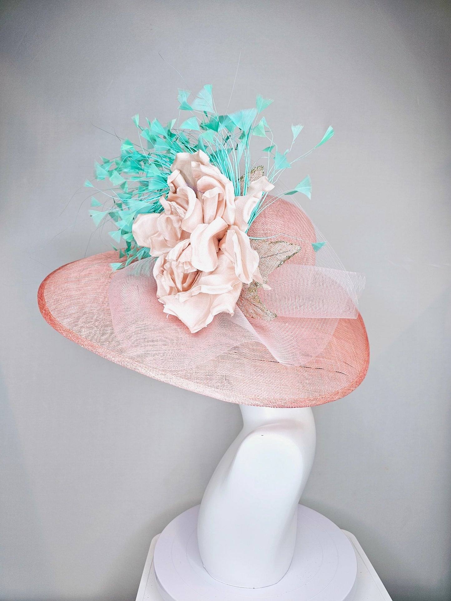 kentucky derby hat large wide brim sinamay blush pink hat with blush pink satin flower,green turquoise feathers and light pink crinoline