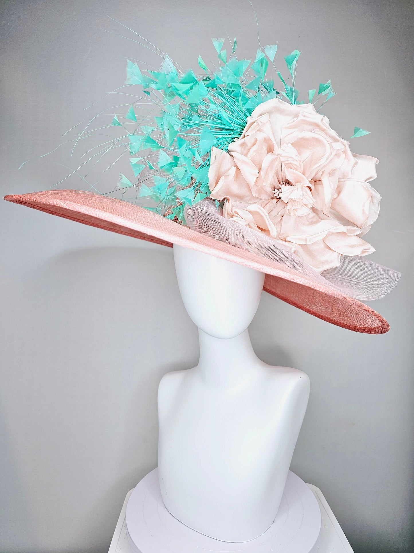 kentucky derby hat large wide brim sinamay blush pink hat with blush pink satin flower,green turquoise feathers and light pink crinoline