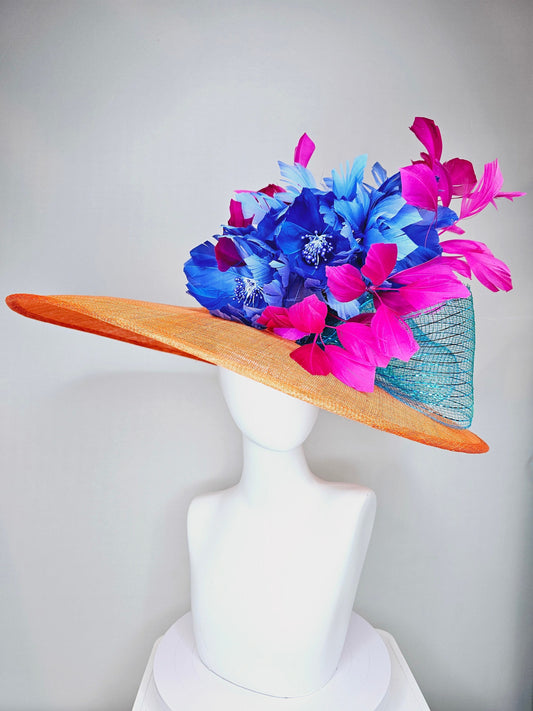 kentucky derby hat large wide brim sinamay orange hat with fuchsia pink feathers and royal blue fluffy feather flowers w teal blue crinoline