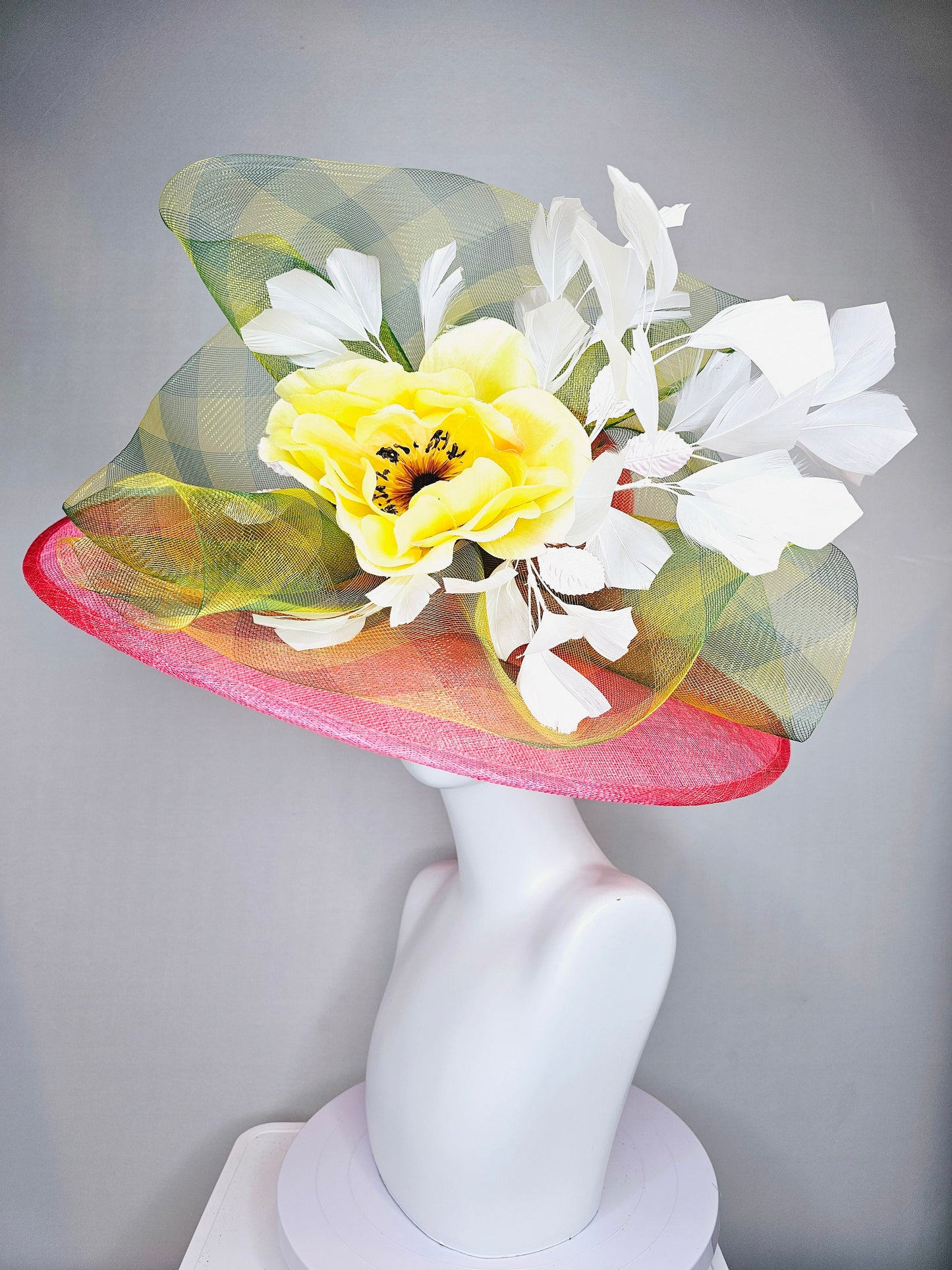 kentucky derby hat large wide brim sinamay coral pink hat with yellow satin flower and white feathers,yellow green gingham plaid crinoline