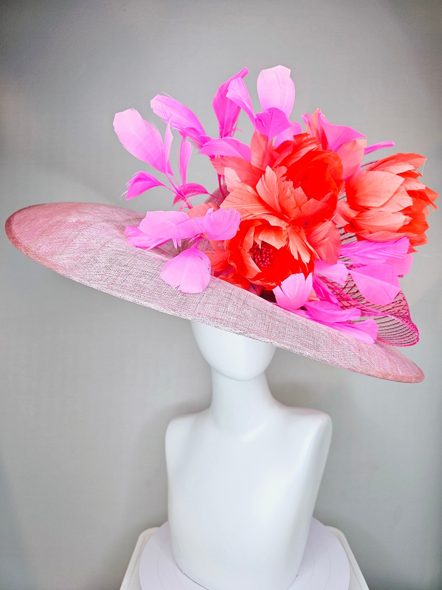 kentucky derby hat large wide brim sinamay light pink hat with large orange coral feather flowers and fuchsia pink feathers w pink crinoline