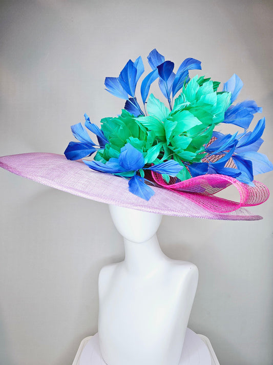 kentucky derby hat large wide brim sinamay purple lavender hat w emerald green feather flowers, blue feathers and bright pink crinoline