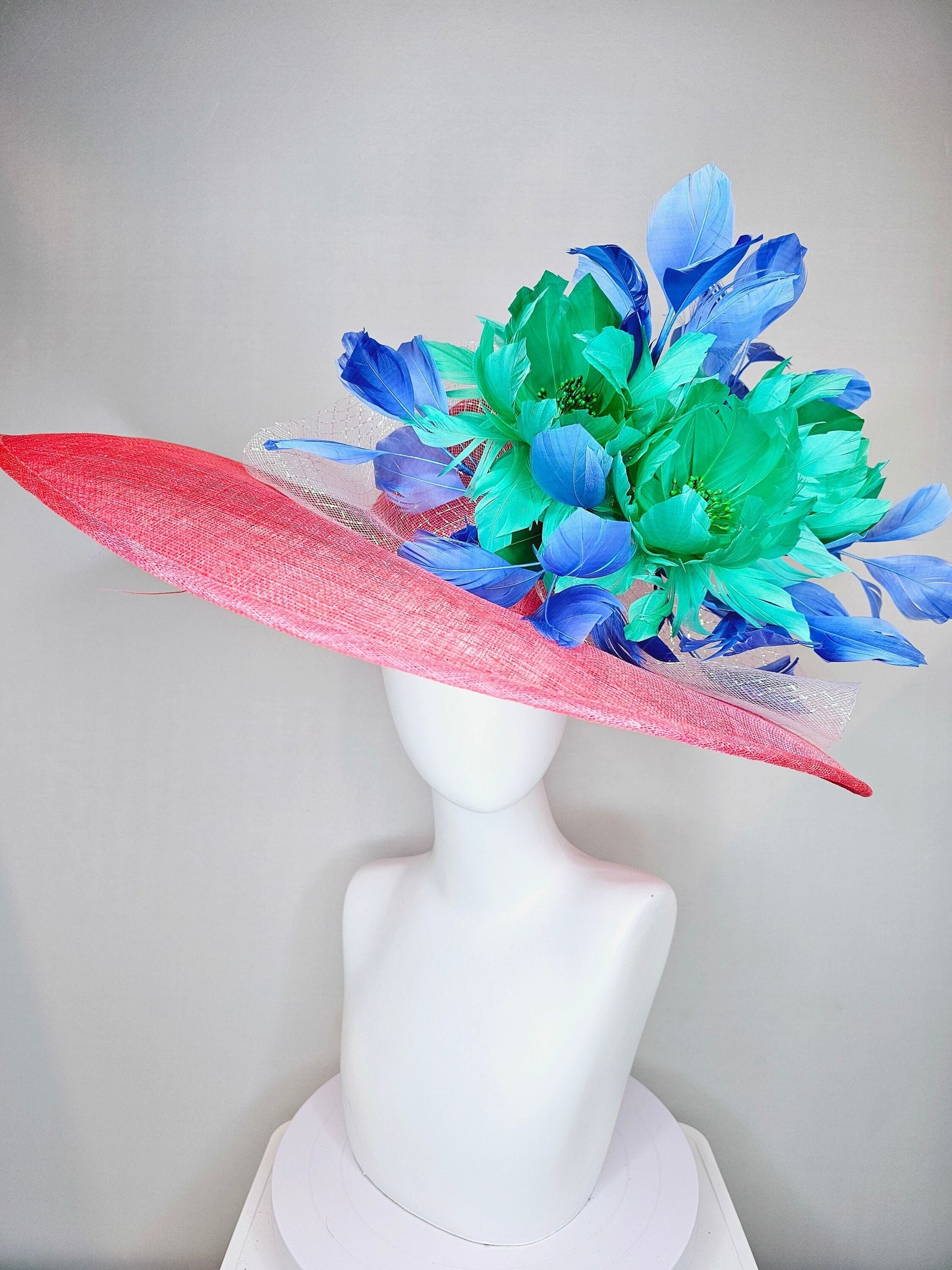 kentucky derby hat large wide brim sinamay coral hat w emerald green feather flowers, royal blue feathers and white ivory crinoline