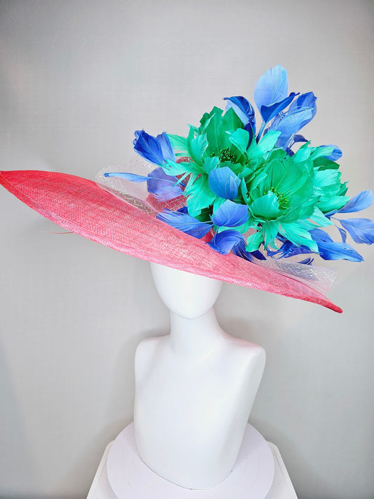 kentucky derby hat large wide brim sinamay coral hat w emerald green feather flowers, royal blue feathers and white ivory crinoline