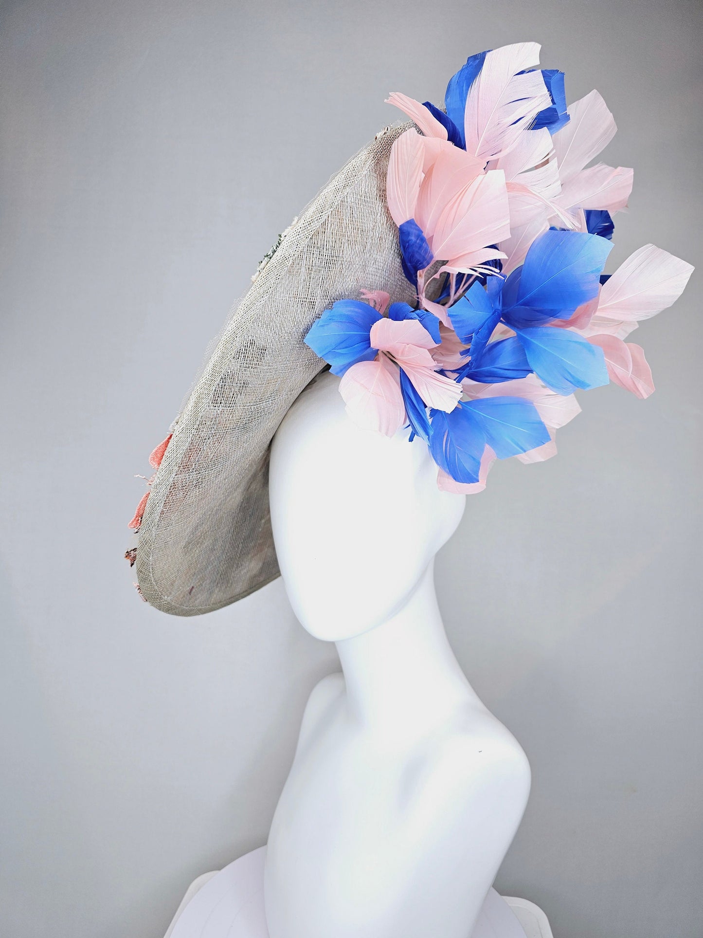 kentucky derby hat fascinator taupe beige neutral large saucer sinamay rainbow floral embroidered decor with pink blue branching feathers