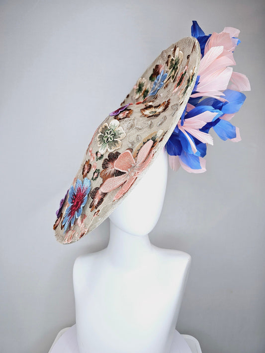 kentucky derby hat fascinator taupe beige neutral large saucer sinamay rainbow floral embroidered decor with pink blue branching feathers