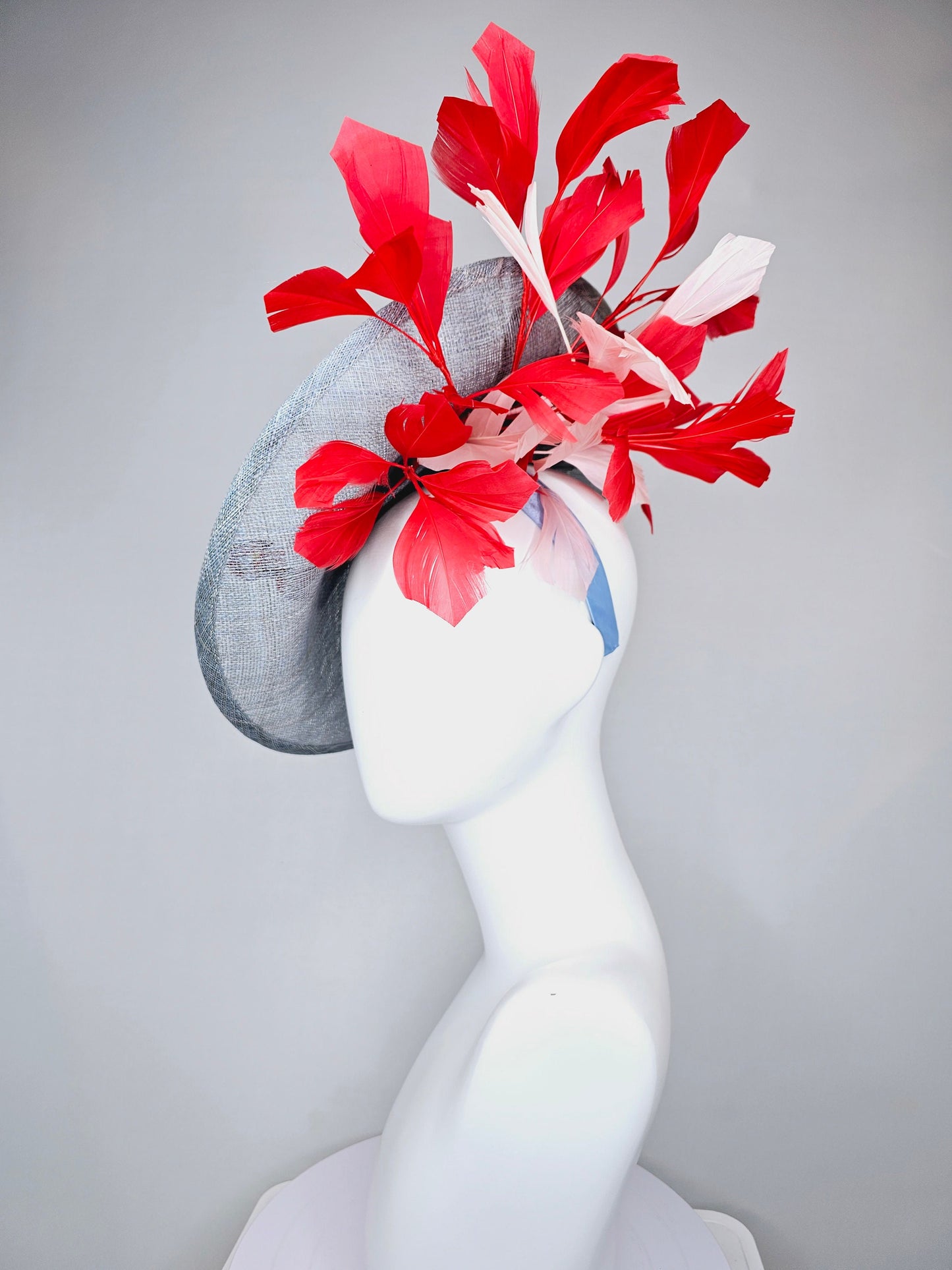 kentucky derby hat gray blue sinamay saucer with red burgundy pink embroidered flowers with blush light pink and red feathers