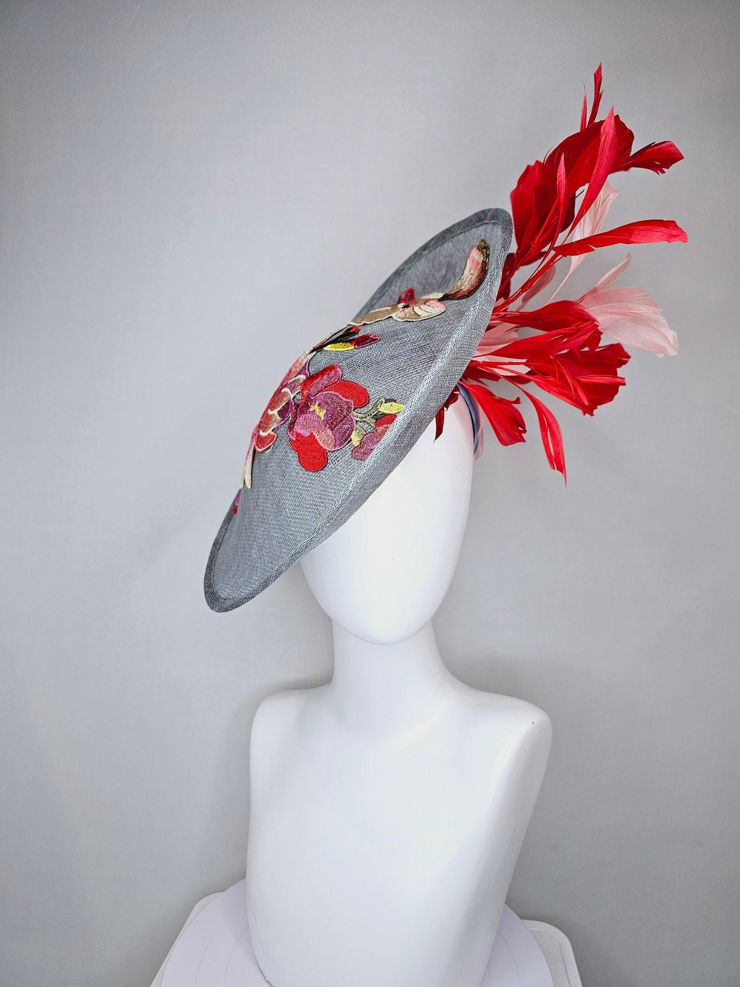 kentucky derby hat gray blue sinamay saucer with red burgundy pink embroidered flowers with blush light pink and red feathers