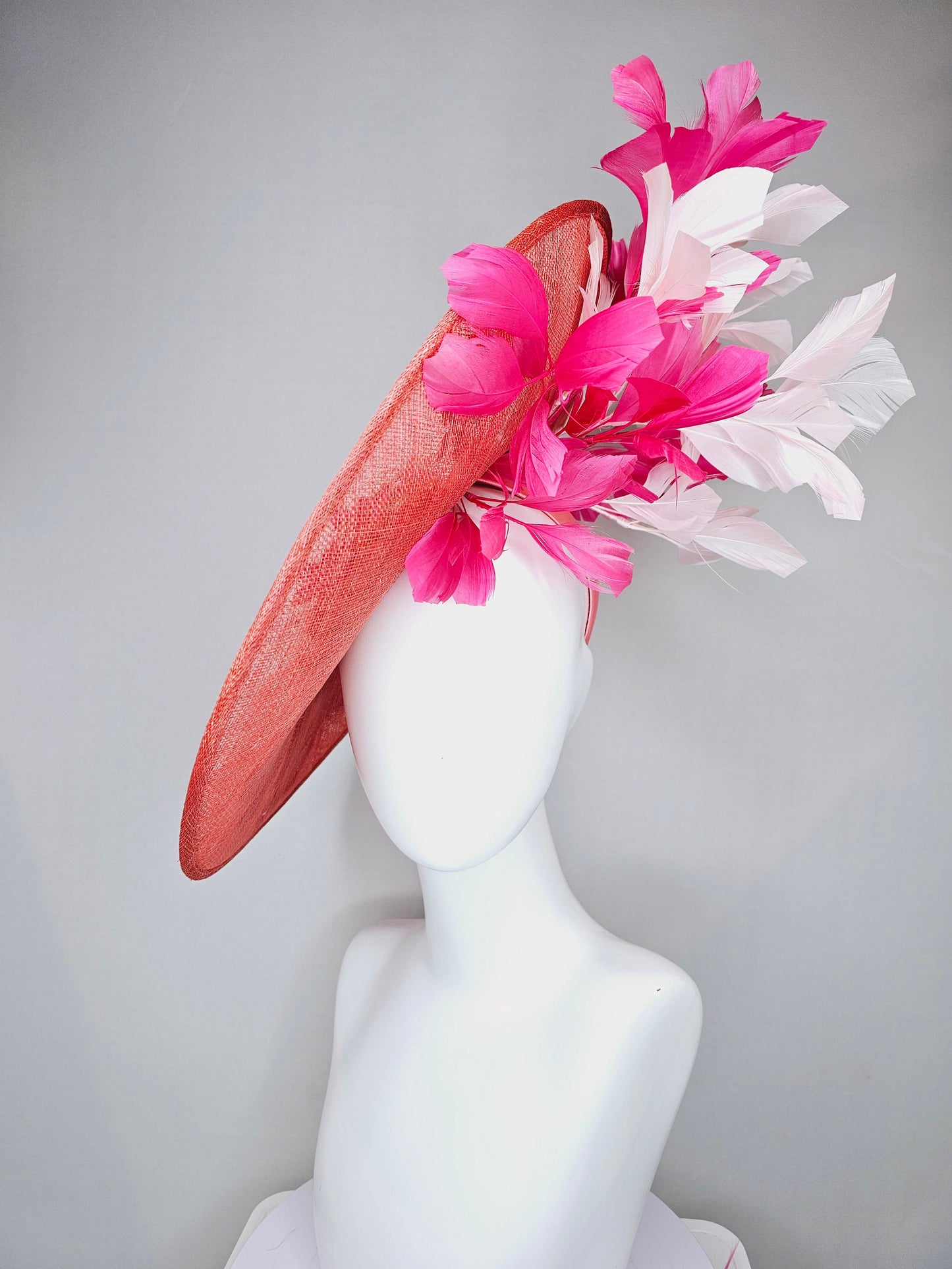 kentucky derby hat fascinator large coral red sinamay saucer with red pink green floral embroidered and hot pink and light pink feathers