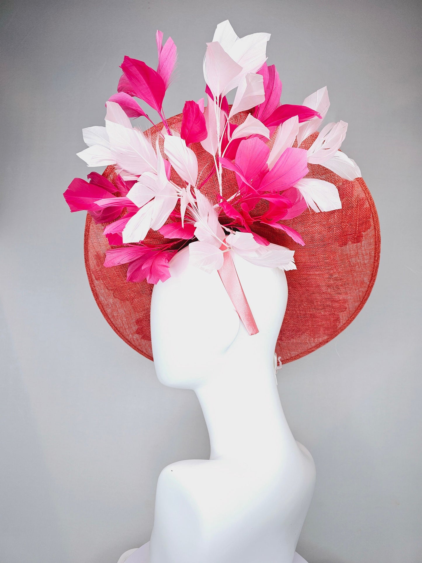 kentucky derby hat fascinator large coral red sinamay saucer with red pink green floral embroidered and hot pink and light pink feathers