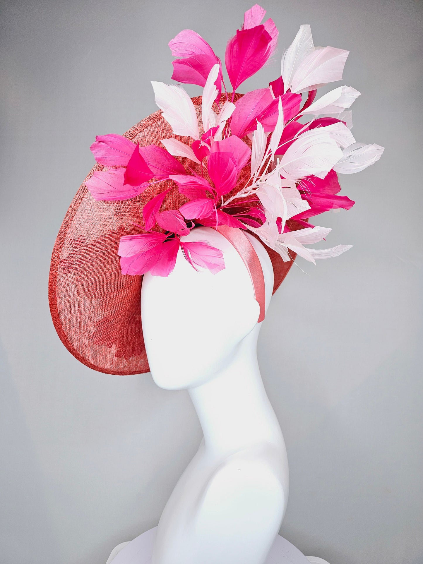 kentucky derby hat fascinator large coral red sinamay saucer with red pink green floral embroidered and hot pink and light pink feathers