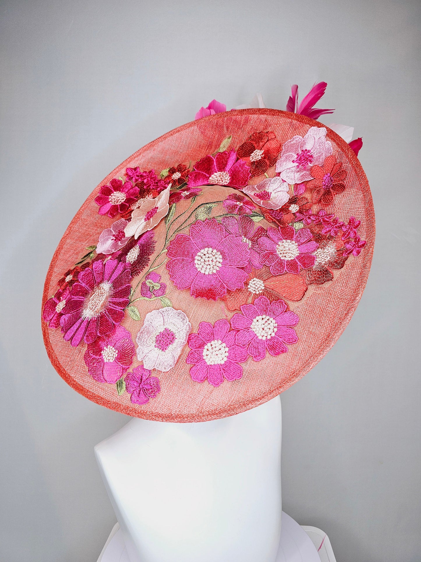 kentucky derby hat fascinator large coral red sinamay saucer with red pink green floral embroidered and hot pink and light pink feathers