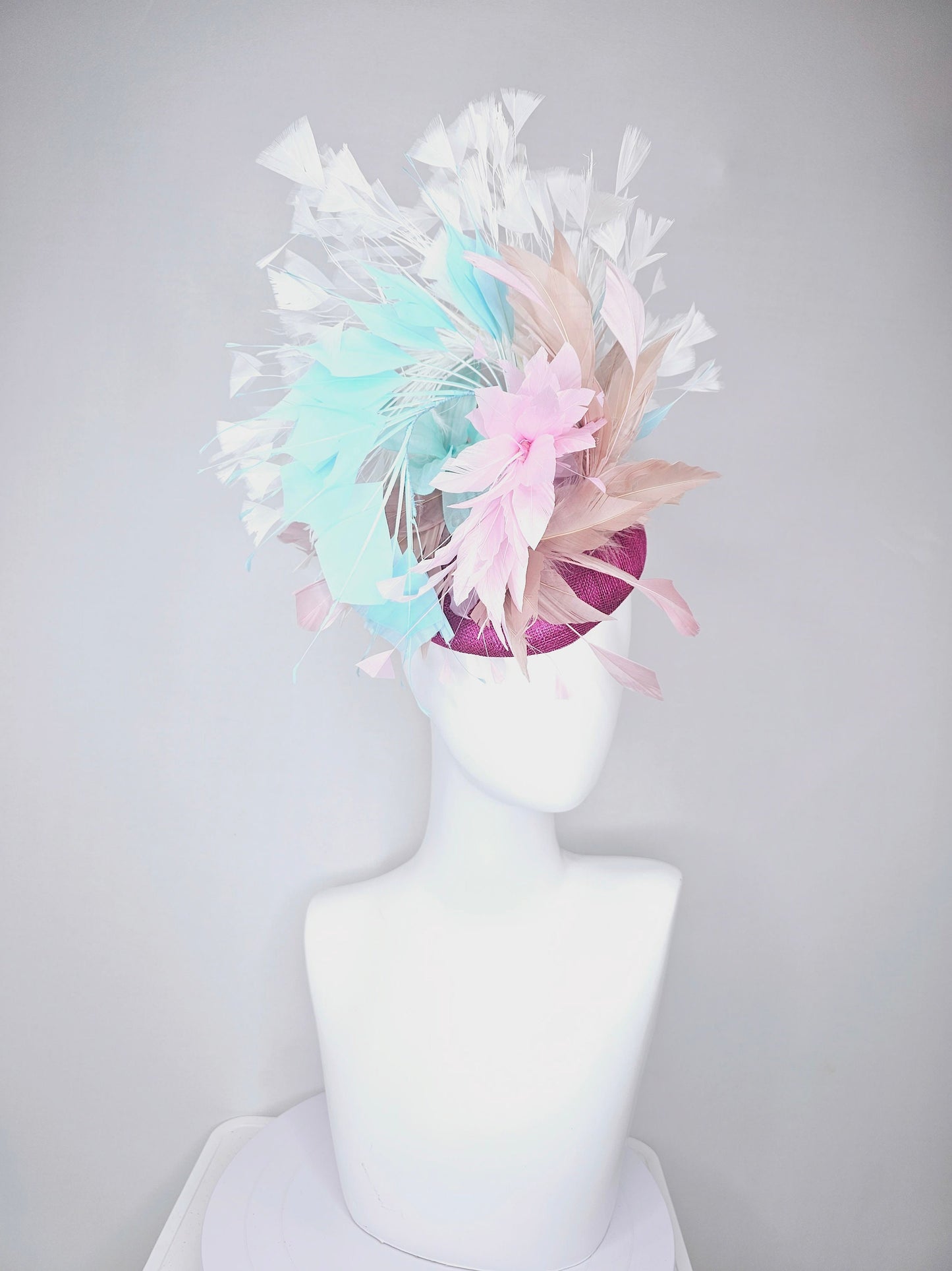 kentucky derby hat fascinator purple violet sinamay with neutral taupe tan, baby pink, and aqua blue branching feathers