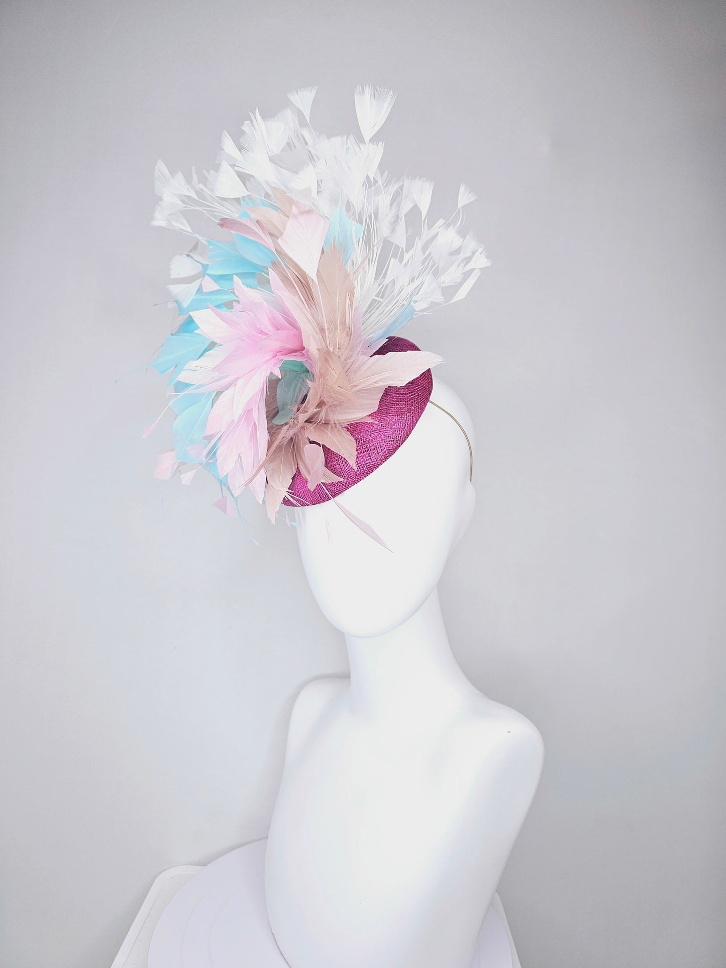 kentucky derby hat fascinator purple violet sinamay with neutral taupe tan, baby pink, and aqua blue branching feathers