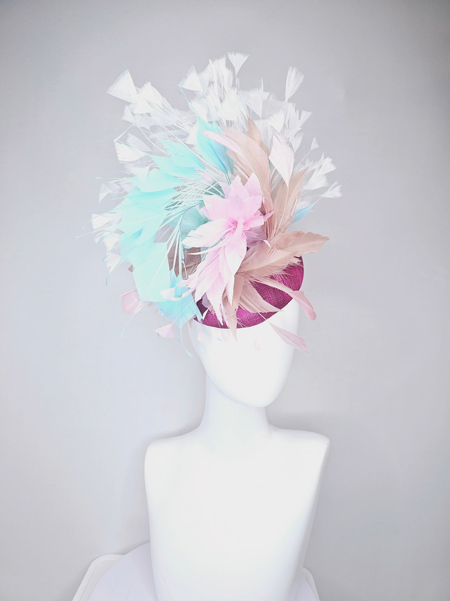 kentucky derby hat fascinator purple violet sinamay with neutral taupe tan, baby pink, and aqua blue branching feathers