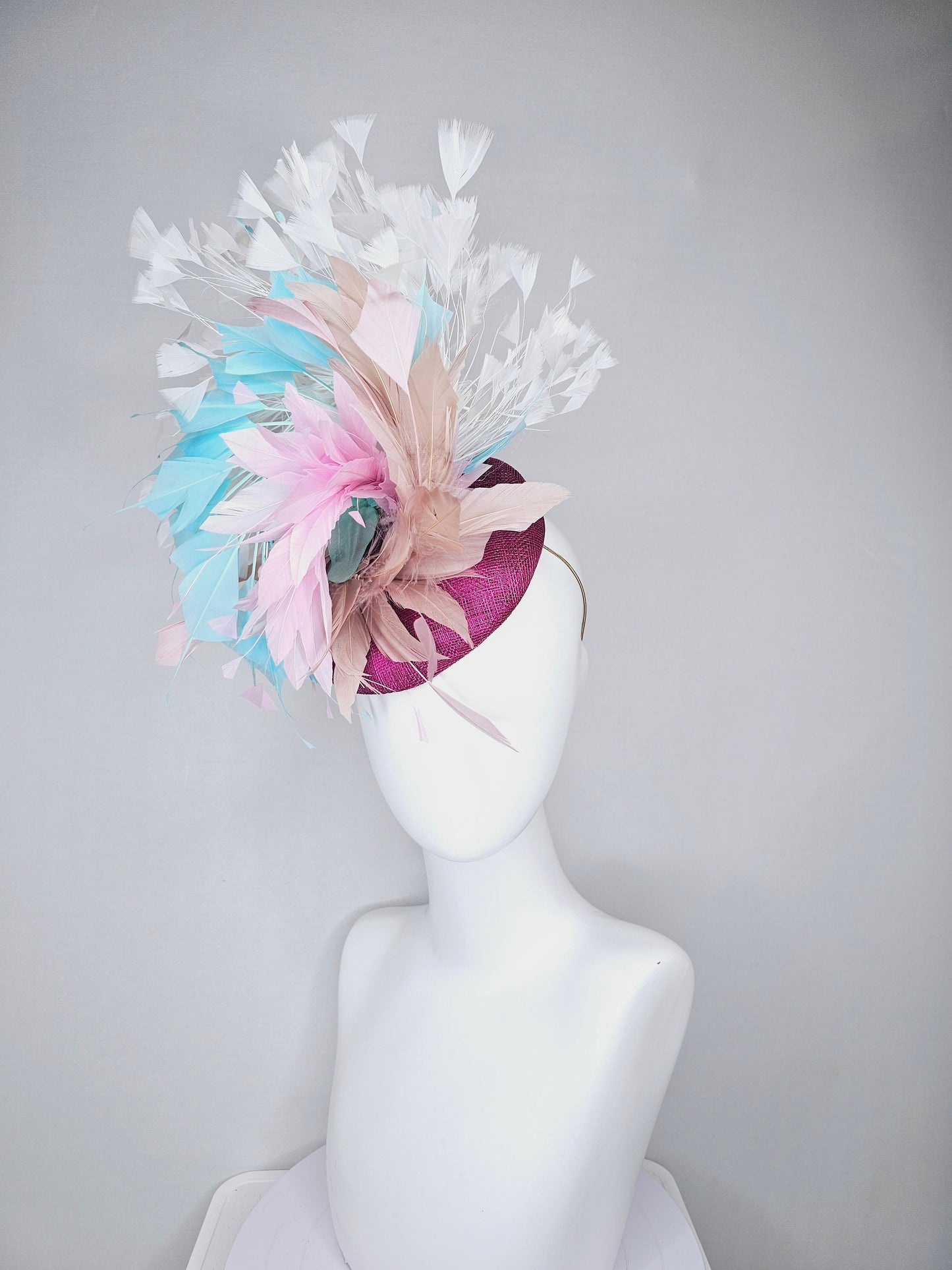 kentucky derby hat fascinator purple violet sinamay with neutral taupe tan, baby pink, and aqua blue branching feathers