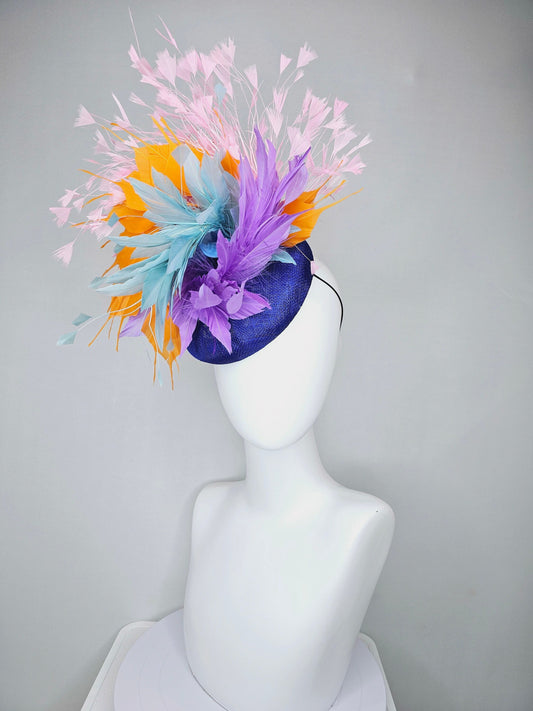 kentucky derby hat fascinator royal blue sinamay with violet purple, teal blue, apricot orange yellow, and baby pink branching feathers