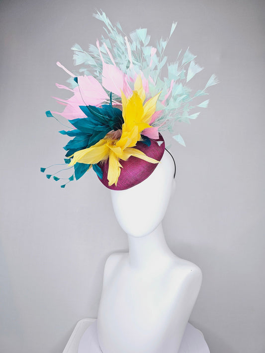 kentucky derby hat fascinator purple violet sinamay with colorful bright yellow, teal blue, baby pink, and baby blue branching feathers