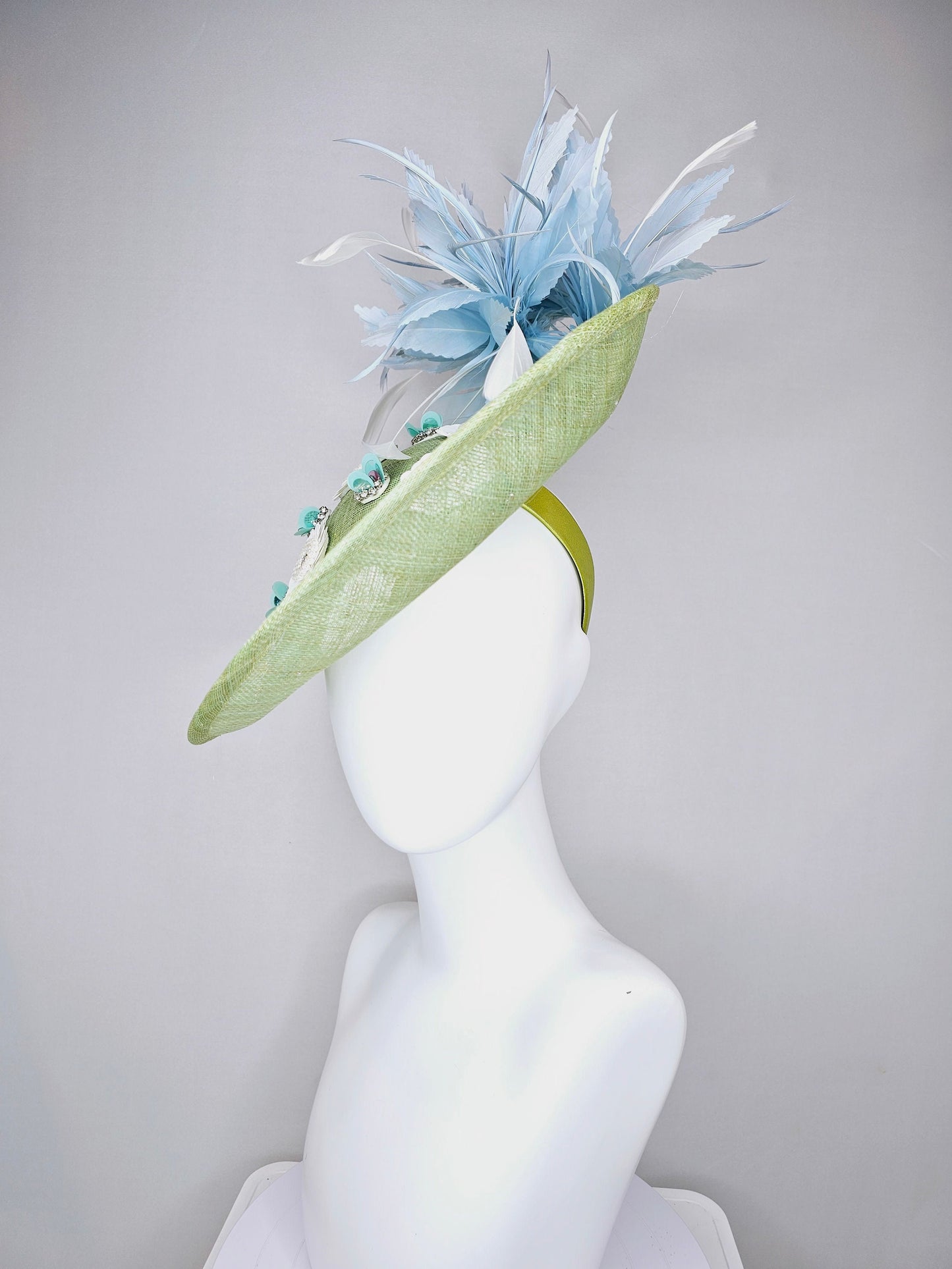 kentucky derby hat fascinator green sinamay saucer with white sequined pearls rhinestone beaded flowers and teal blue with ivory feathers