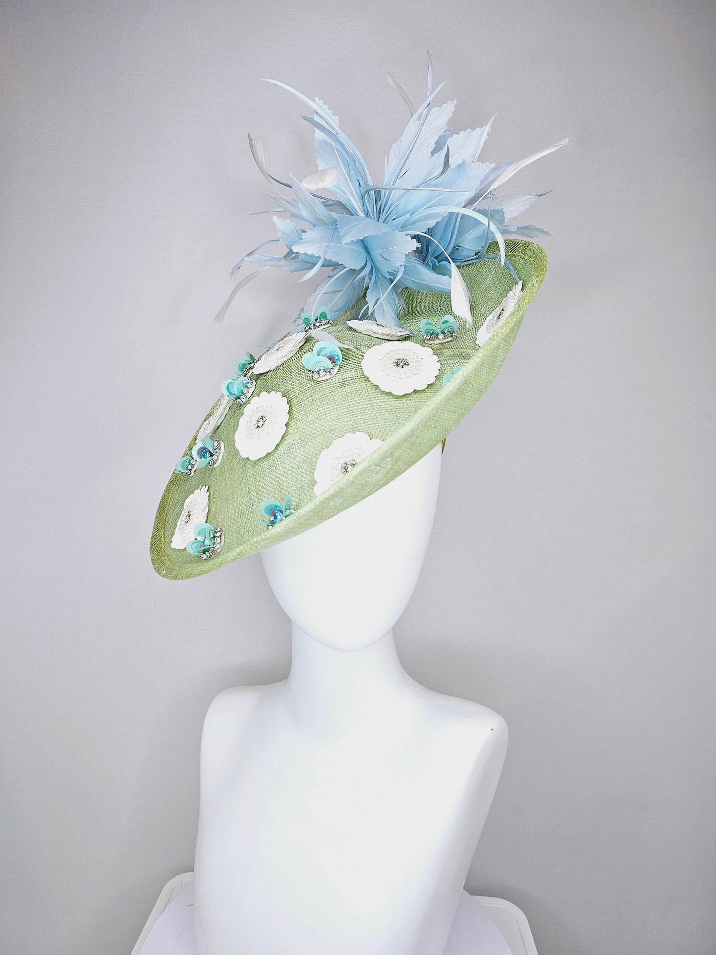 kentucky derby hat fascinator green sinamay saucer with white sequined pearls rhinestone beaded flowers and teal blue with ivory feathers