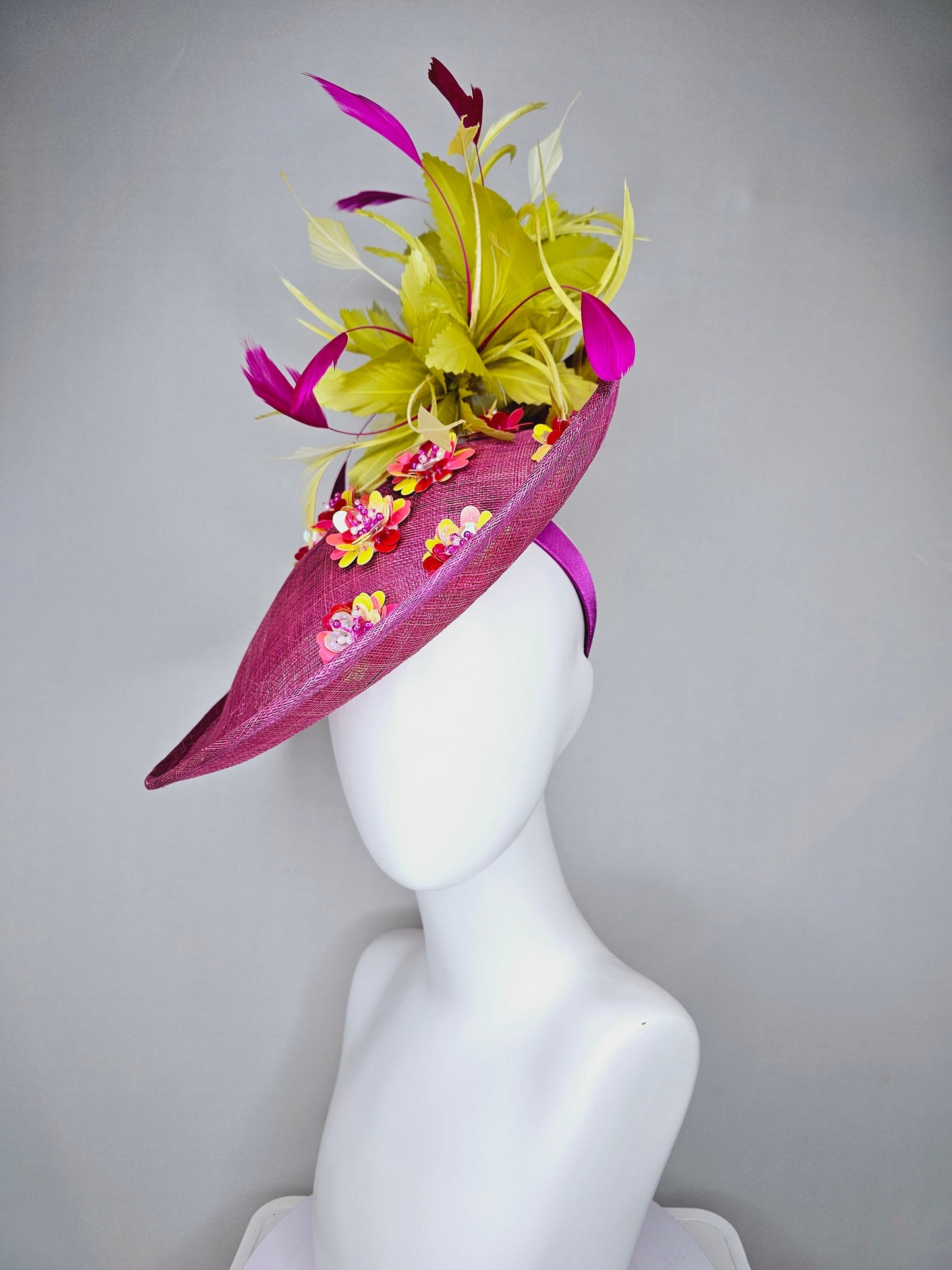 kentucky derby hat fascinator mulberry purple sinamay saucer with yellow pink sequin jewel embroidered flowers and fuchsia yellow feathers