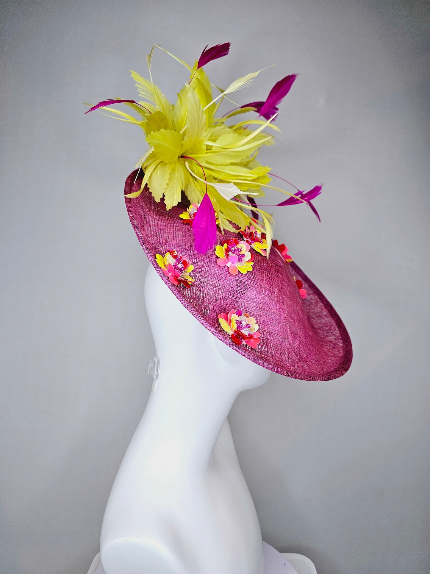 kentucky derby hat fascinator mulberry purple sinamay saucer with yellow pink sequin jewel embroidered flowers and fuchsia yellow feathers