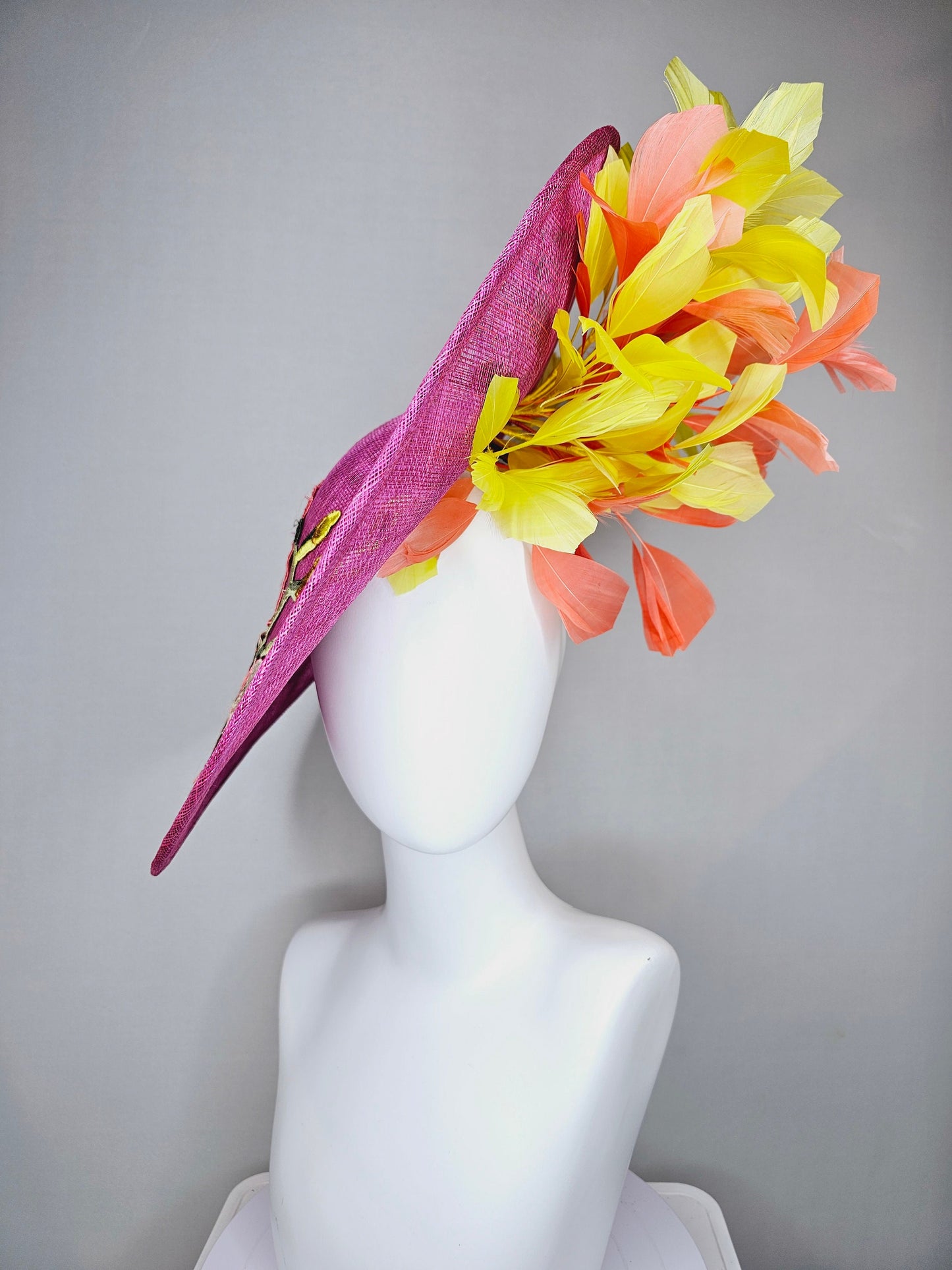 kentucky derby hat fascinator mulberry purple sinamay saucer with yellow coral purple pink embroidered flowers and peach yellow feathers