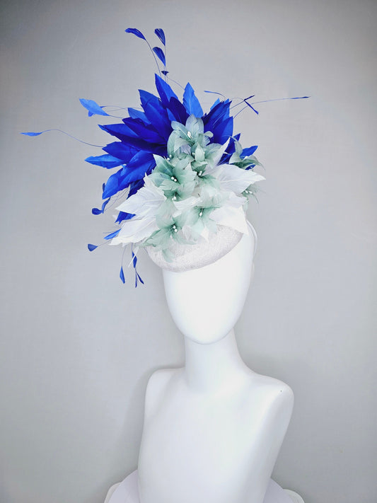 kentucky derby hat fascinator white sinamay with teal green blue feather flowers and royal cobalt blue branching feathers w white feathers