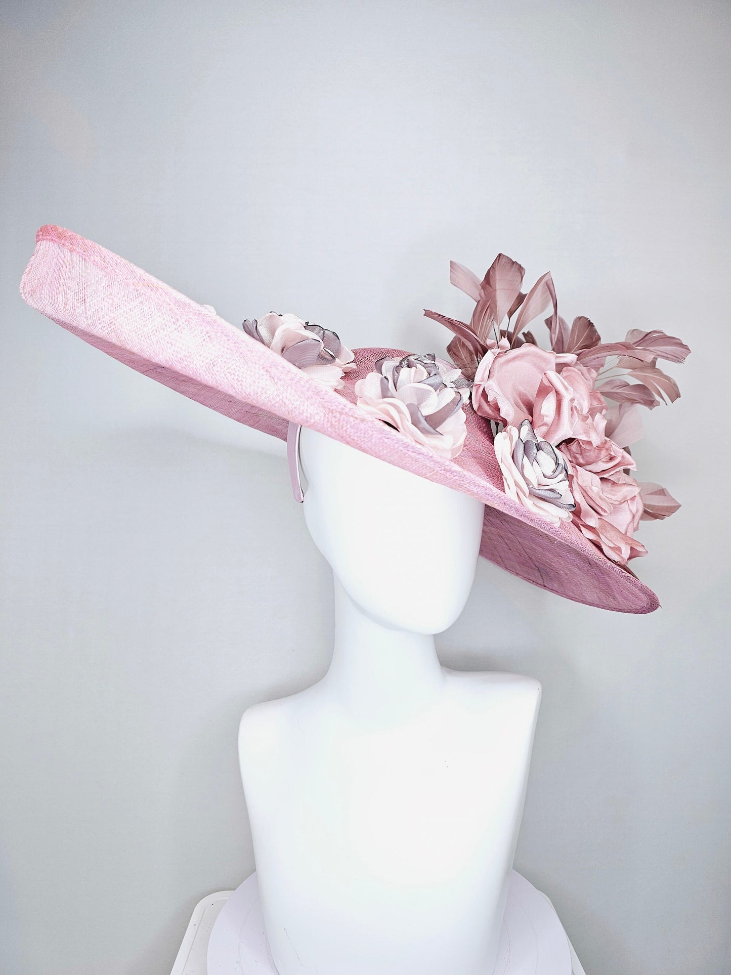 kentucky derby hat large wide brim sinamay pink hat, w blush pink silk flower,dusty pink feathers,pink gray embroidered organza flowers