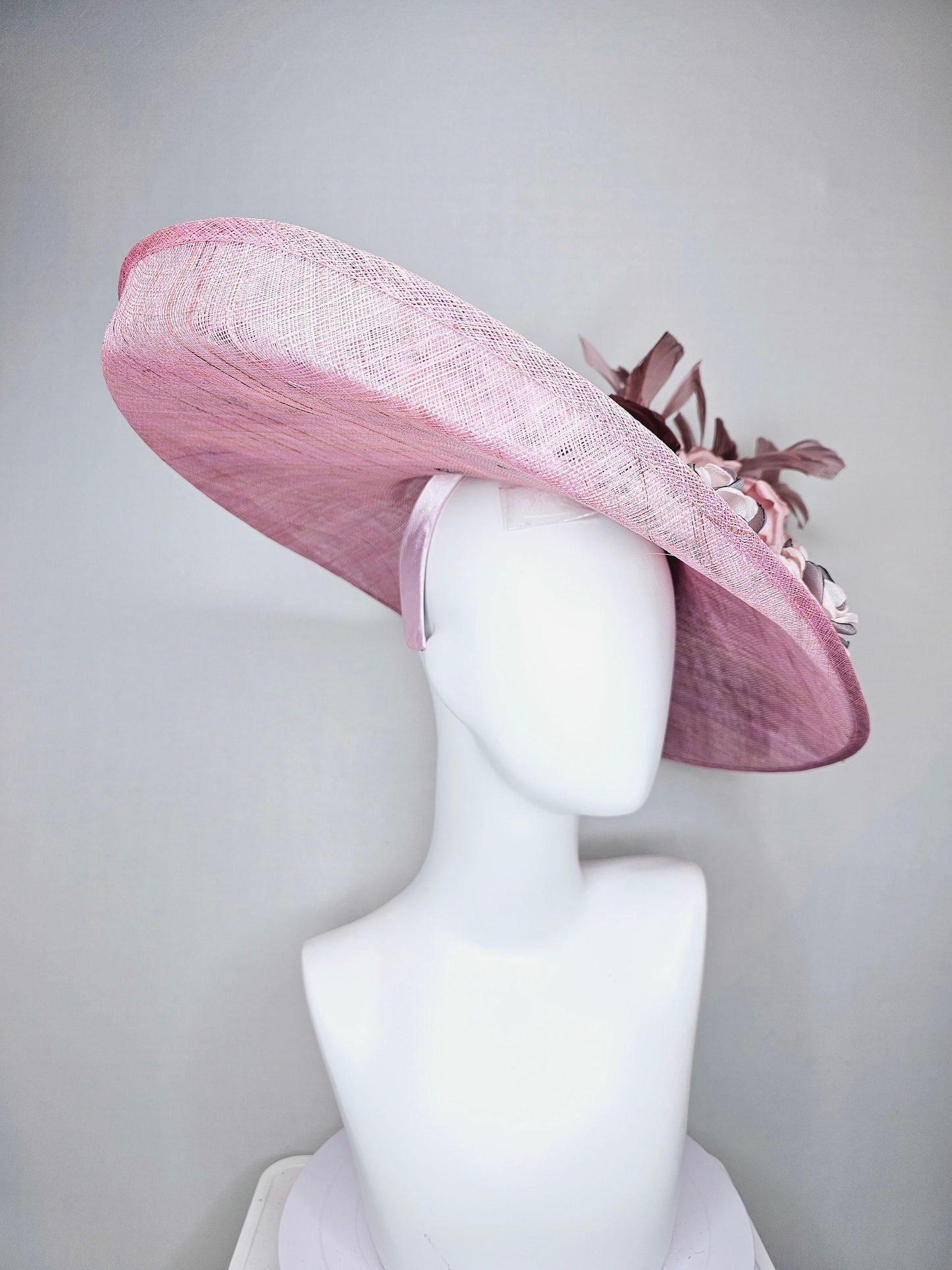 kentucky derby hat large wide brim sinamay pink hat, w blush pink silk flower,dusty pink feathers,pink gray embroidered organza flowers