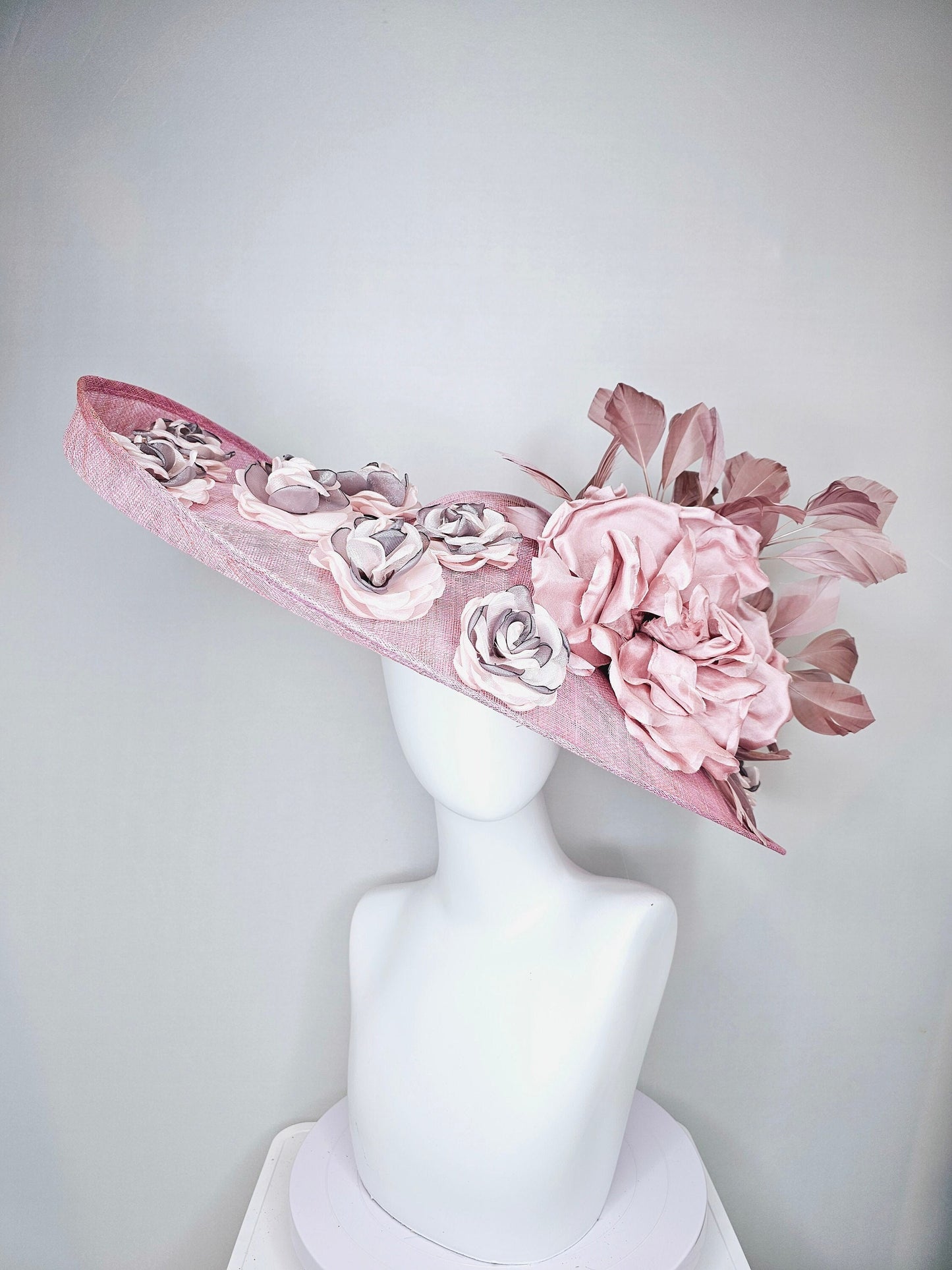 kentucky derby hat large wide brim sinamay pink hat, w blush pink silk flower,dusty pink feathers,pink gray embroidered organza flowers