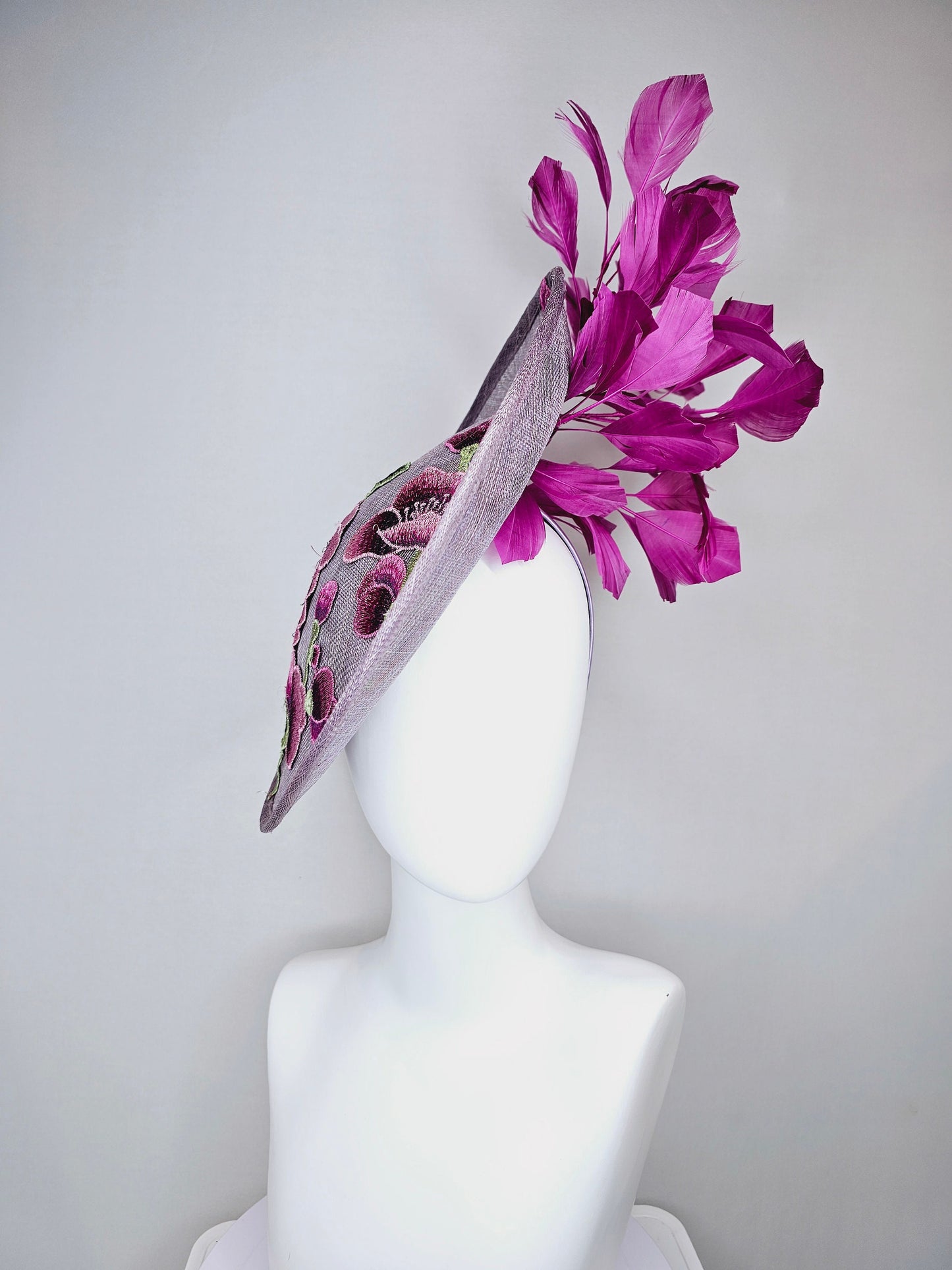 kentucky derby hat fascinator light purple lavender sinamay saucer w pink lavender purple green embroidered flowers,and purple feathers