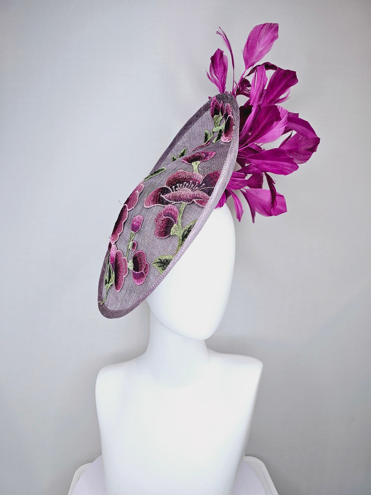 kentucky derby hat fascinator light purple lavender sinamay saucer w pink lavender purple green embroidered flowers,and purple feathers