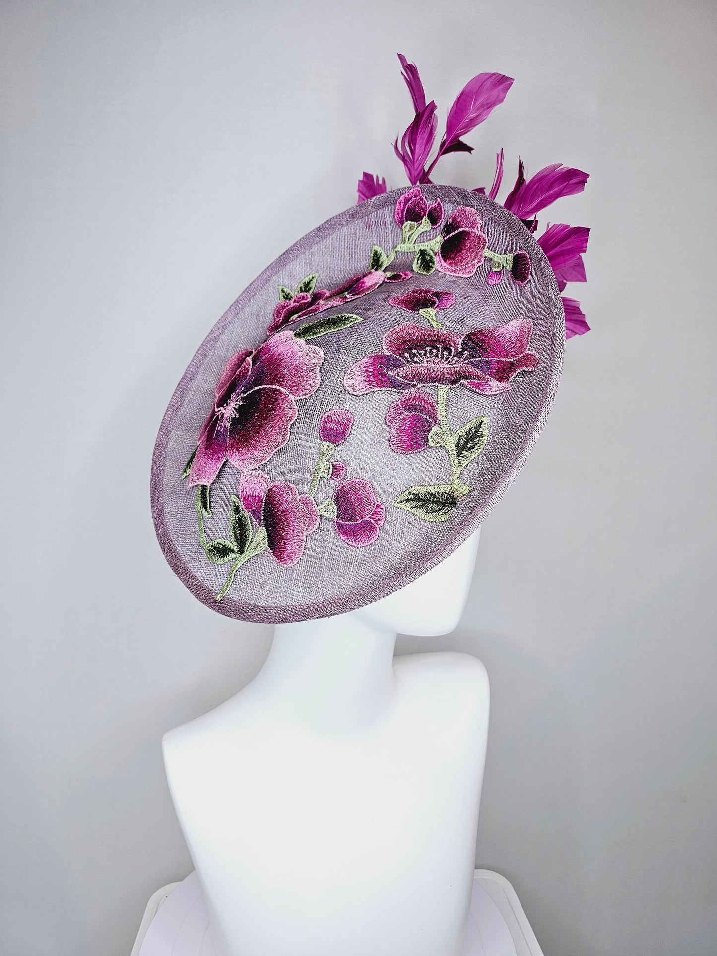 kentucky derby hat fascinator light purple lavender sinamay saucer w pink lavender purple green embroidered flowers,and purple feathers