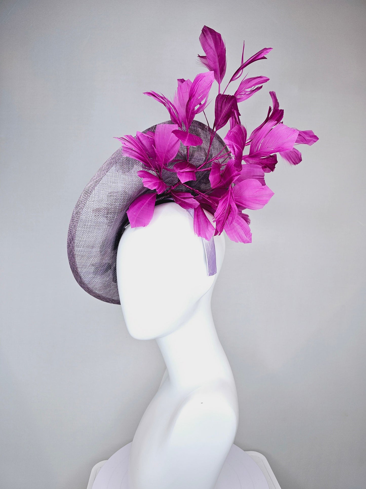 kentucky derby hat fascinator light purple lavender sinamay saucer w pink lavender purple green embroidered flowers,and purple feathers